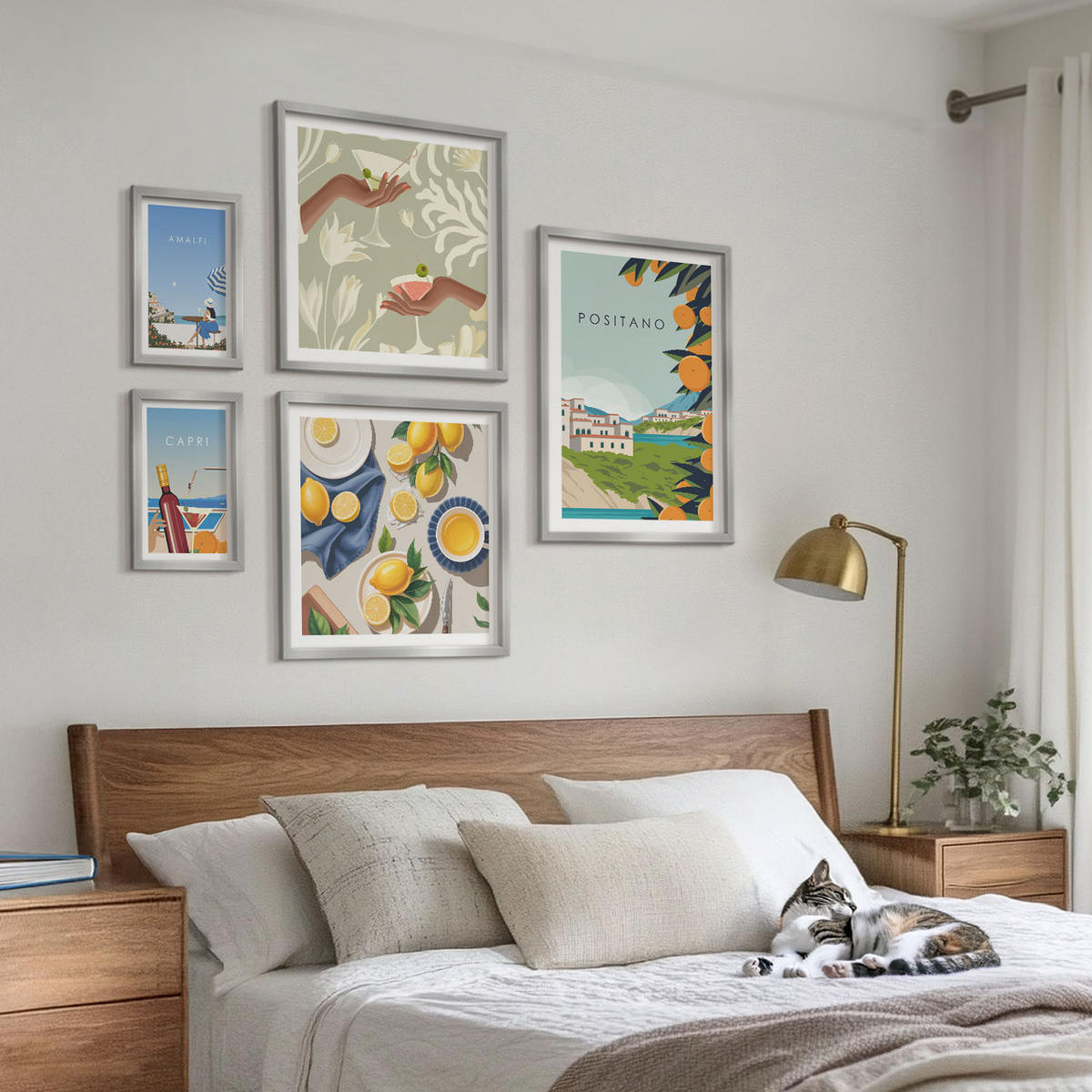 BILDER SET 5er Set - 50x50 cm & 20x30 cm & 40x60 cm Silberner Rahmen - Fruchtmuster und italienische Kultur - Silberfarben, Kunststoff (40/60cm) - TULUP