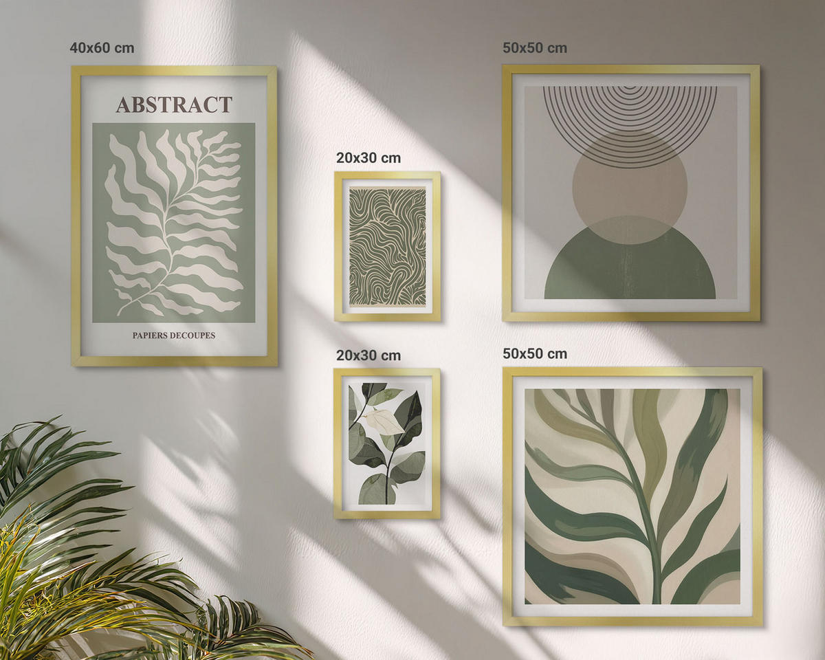 BILDER SET 5er Set - 50x50 cm & 20x30 cm & 40x60 cm Goldrahmen - Blätter geometrische Formen abstrakt - Goldfarben, Kunststoff (40/60cm) - TULUP