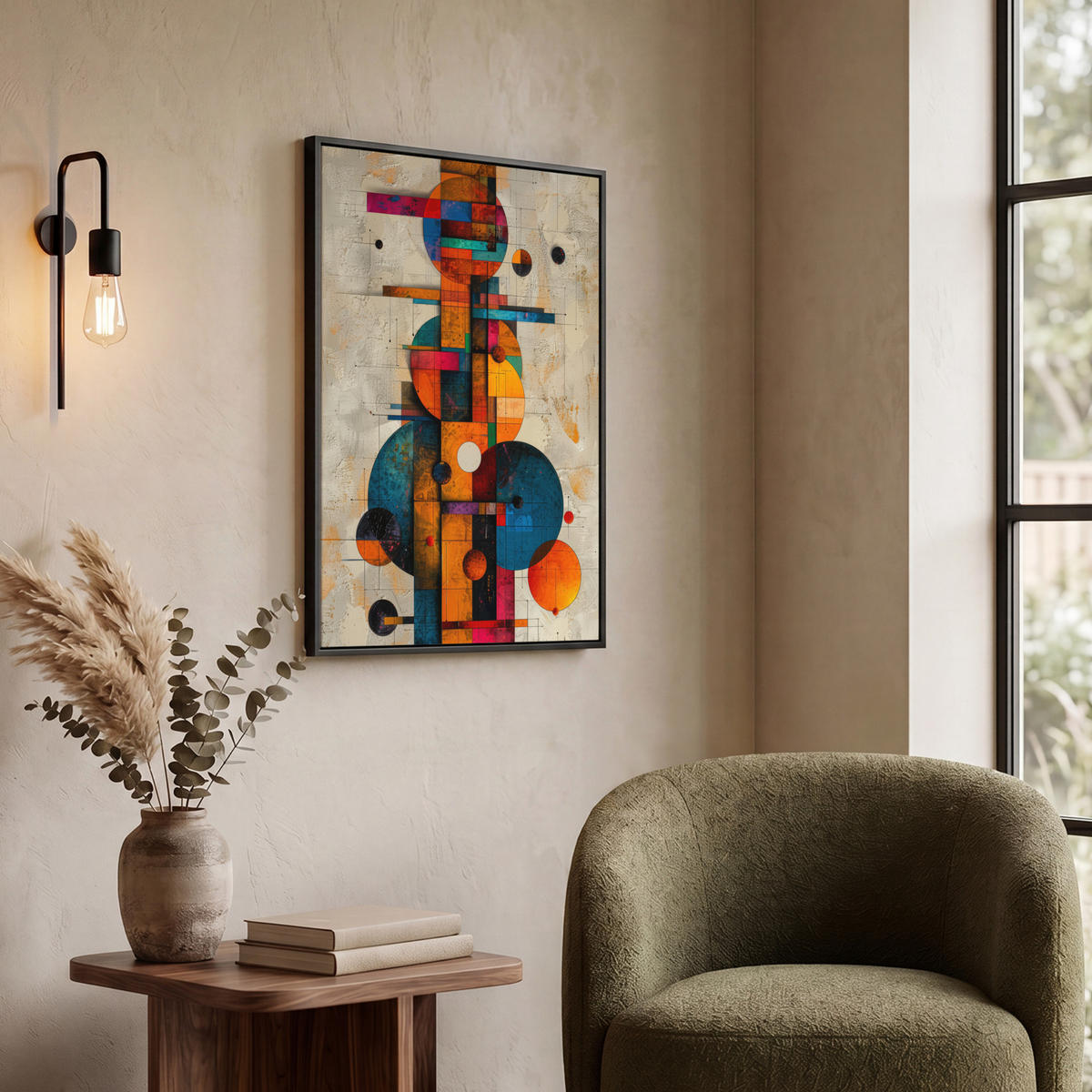 LEINWAND Bilder mit Rahmen - Vintage - Moderne Kunst - Orange - Geometrische Formen - 50x70 - Multicolor, Textil (50/70cm) - MuchoWow