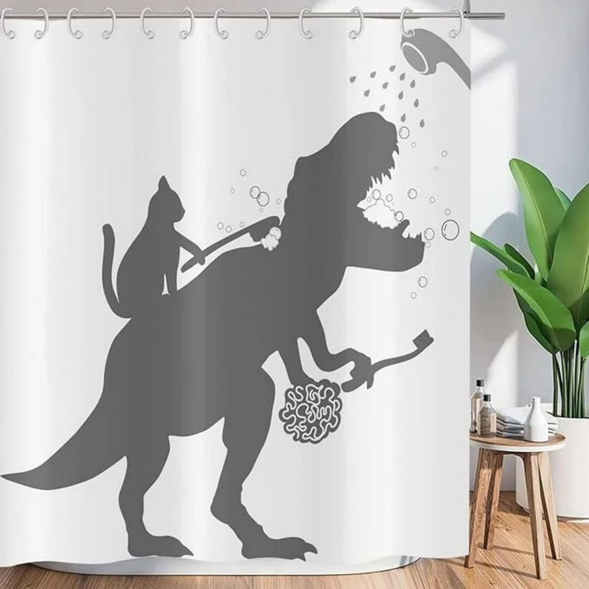 DUSCHVORHANG Weiß Katze Dinosaurier niedlich waschbar Stoff mit Haken - Weiß, Textil (180/180cm) - MCBOSON