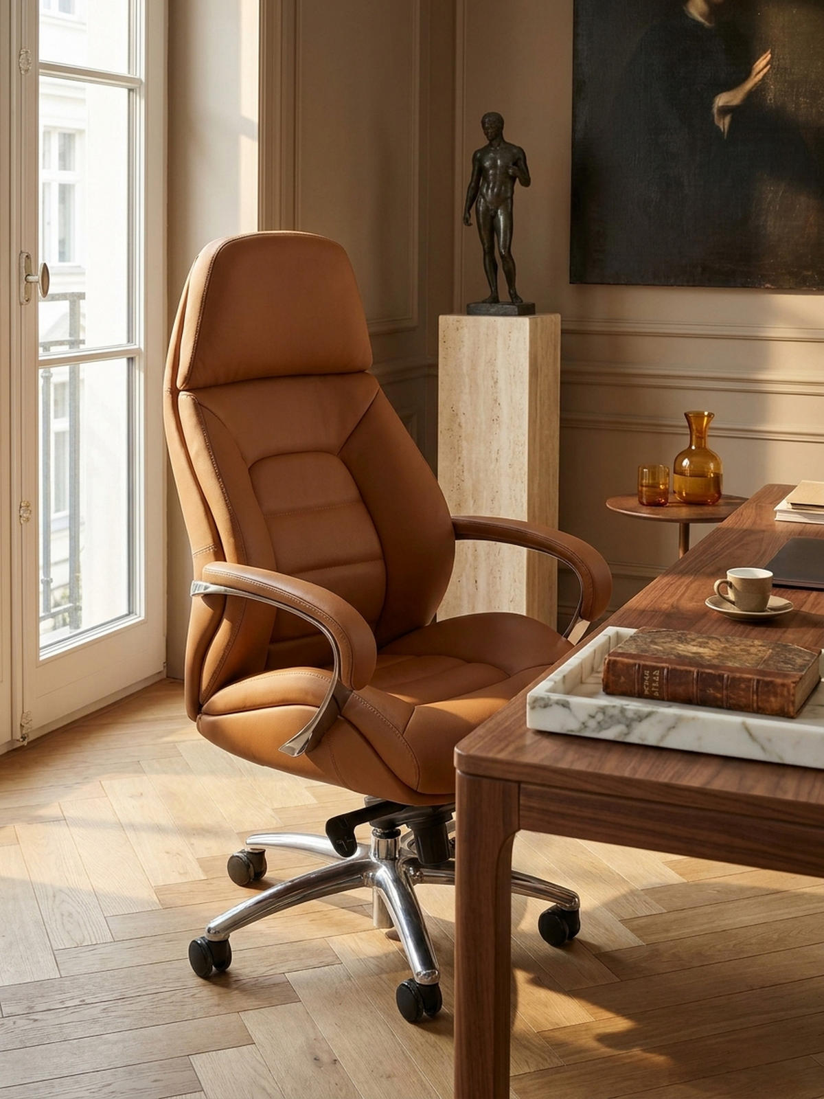 CHEFSESSEL Leder mit Multiblockwippmechanik bis 120 kg MIRON, Beige 67x67x137 cm - Beige/Silberfarben, Leder/Metall (67/137/67cm) - KADIMA DESIGN