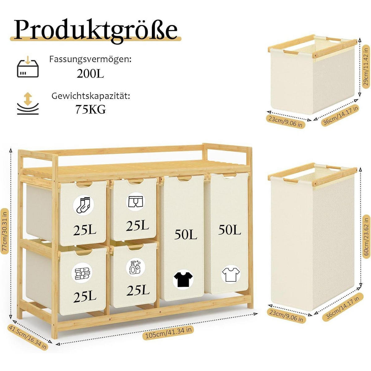 WÄSCHEKORB mit 6 Fächern Bambus Beige - Beige, Naturmaterialien (41.5/77/105cm)