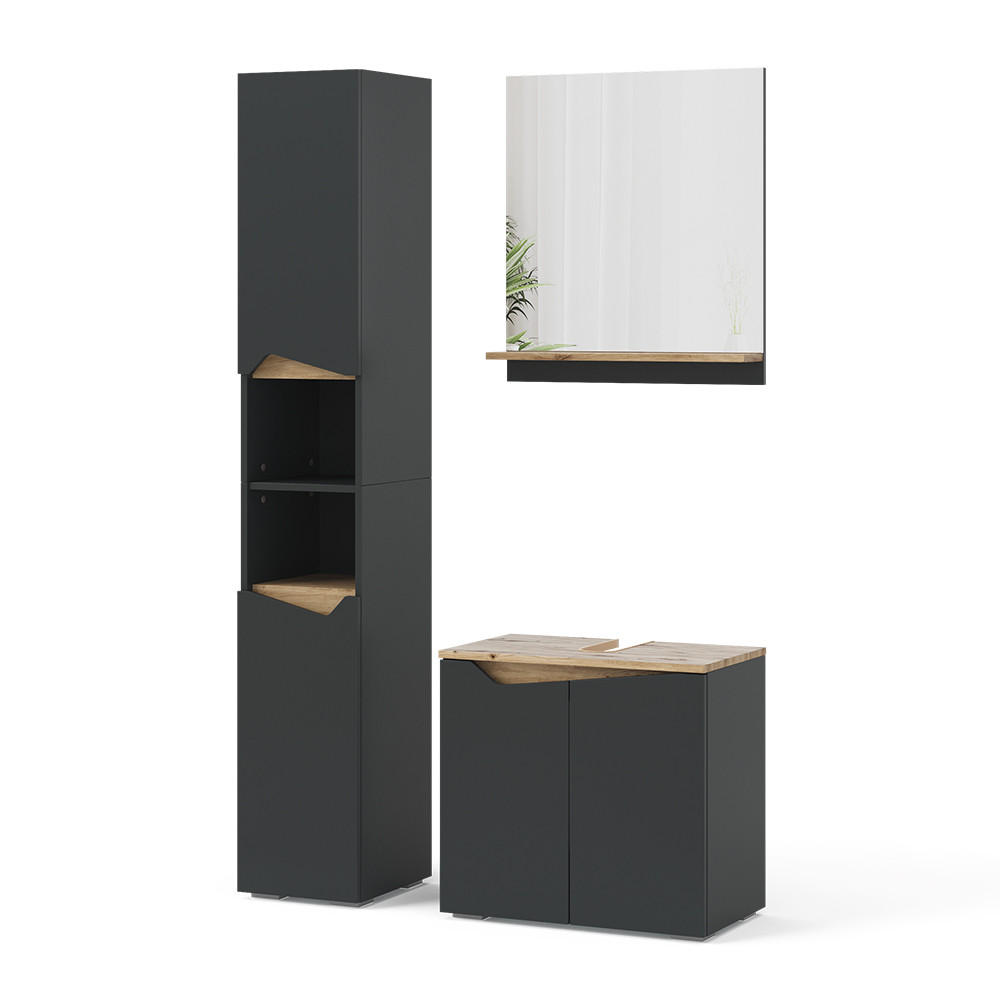BADMÖBEL-KOMBINATION Marelle Anthrazit 3 Teile, mit Hochschrank - Anthrazit/Eiche Artisan, Holzwerkstoff (60/57/35cm) - Vicco