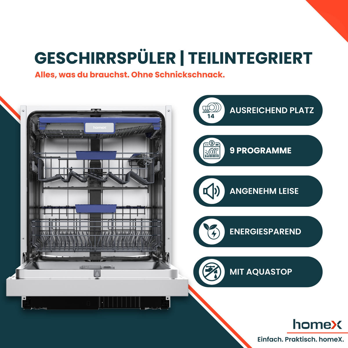 GESCHIRRSPÜLER DWSI601442A teilintegrierbar 60 cm, Einbau Spülmaschine - 14 Maßgedecke, 9 Programme - Silberfarben/Schwarz, Kunststoff/Metall (59.8/81.5/57cm) - homeX