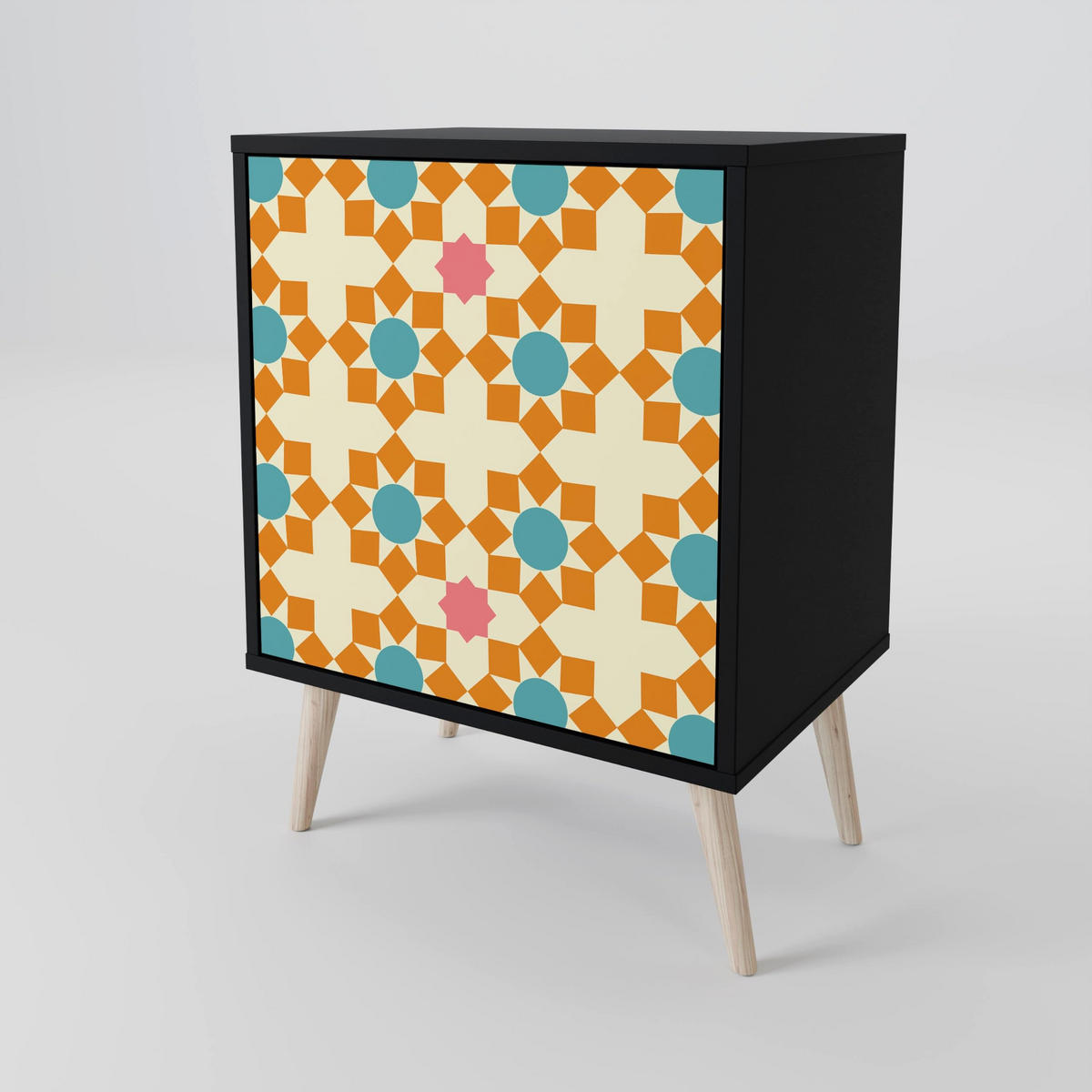 SIDEBOARD FLORAL DECOR, Schwarz, 57,5x42x72,5 cm, Schwarze Metallfüße - Multicolor/Schwarz, Holzwerkstoff/Metall (57.5/72.5/42cm) - SpaceRebels