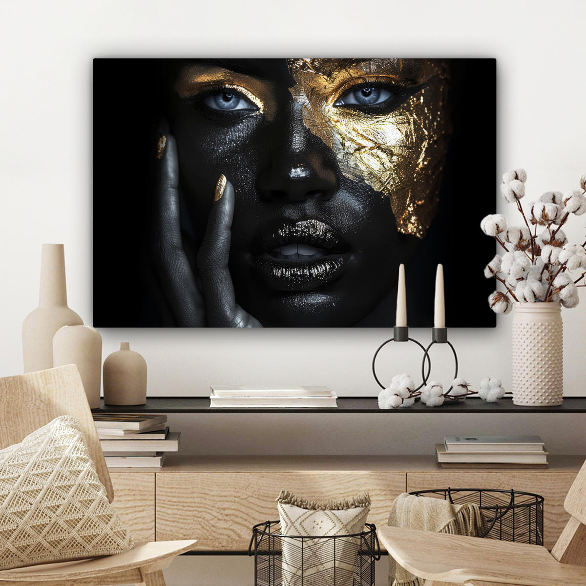 LEINWANDBILD Frau - Gold - Porträt - Schwarz-Weiß - Luxus Gemälde 60x40 cm - Hellblau, Textil (60/40cm) - MuchoWow