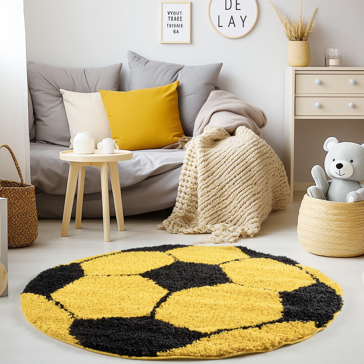 TEPPICH Kinder Hochflor Fußball Motiv Polypropylen Kinderzimmer Gelb Rund 120x120 - Gelb, Textil (120/120cm) - KADIMA DESIGN