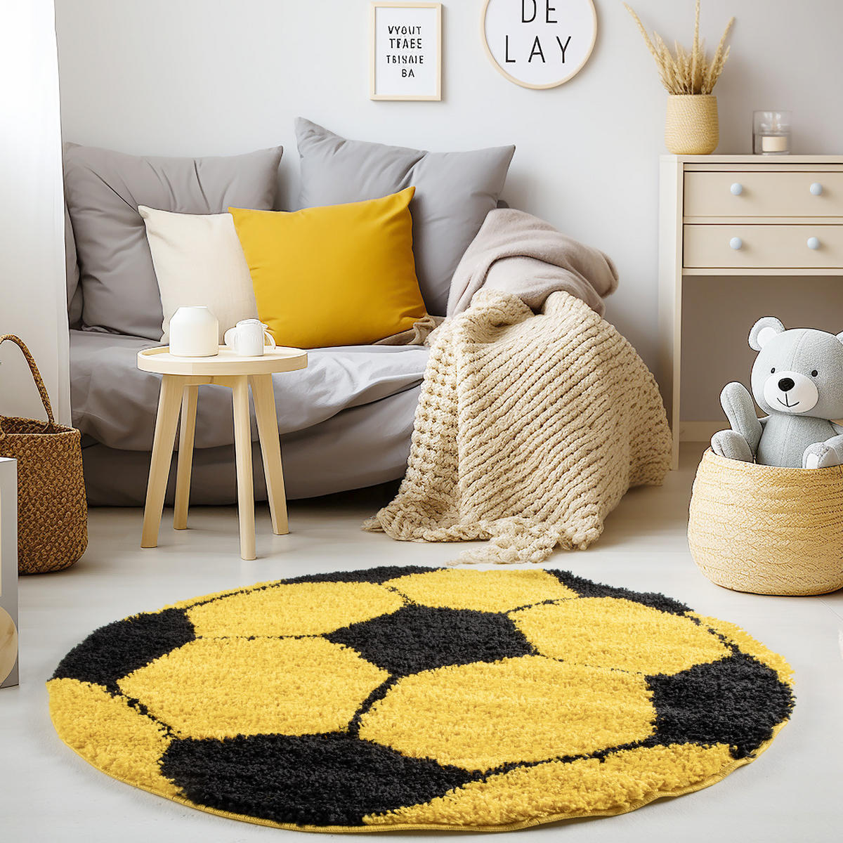 TEPPICH Kinder Hochflor Fußball Motiv Polypropylen Kinderzimmer Gelb Rund 120x120 - Gelb, Textil (120/120cm) - KADIMA DESIGN