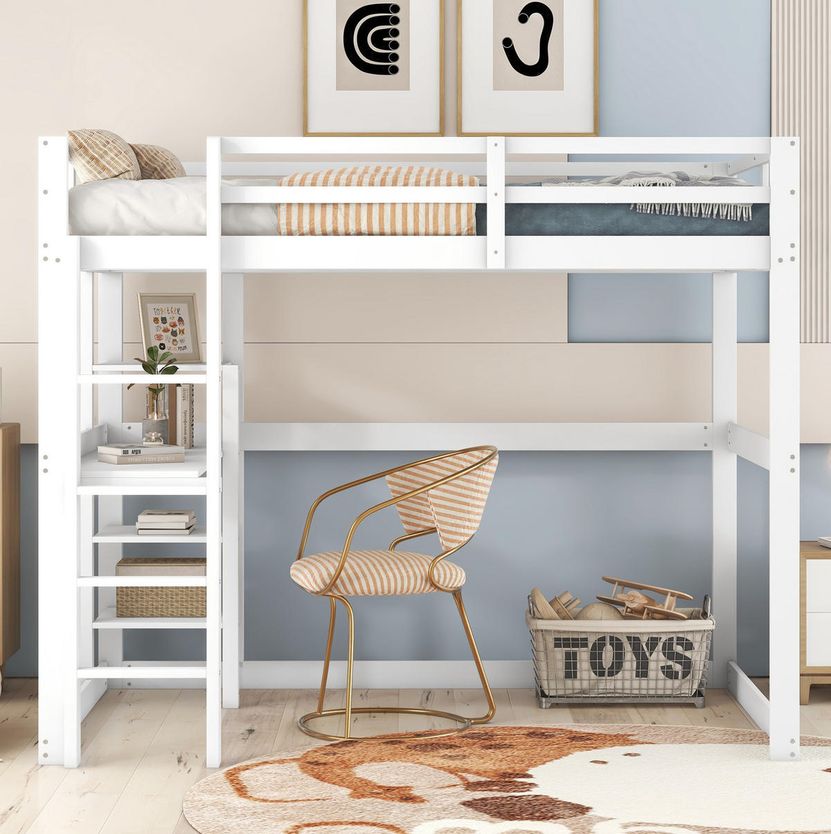 HOCHBETT 140/200 cm Antique White aus Kiefernholz und MDF mit Schreibtisch und 4 Ablagefächern - Weiß, Holz (140/200cm) - OKMYHOME