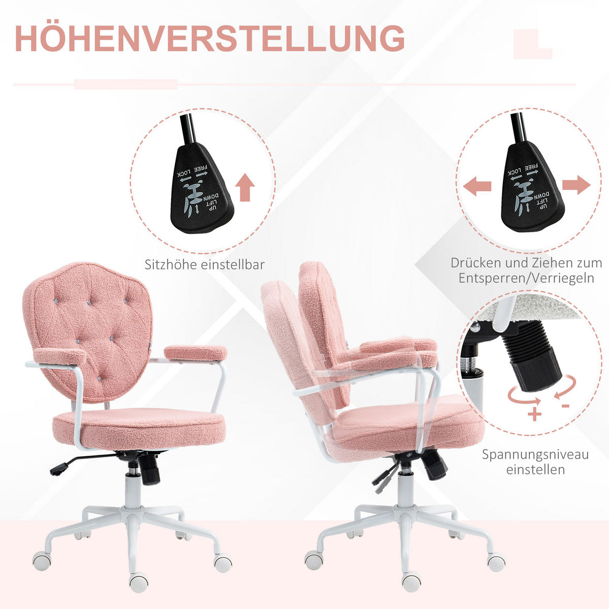 SCHÖNER Bürostuhl mit geknöpftem, weichem Bezug, höhenverstellbar, Rosa - Rosa, Textil (61.5/101/63cm)