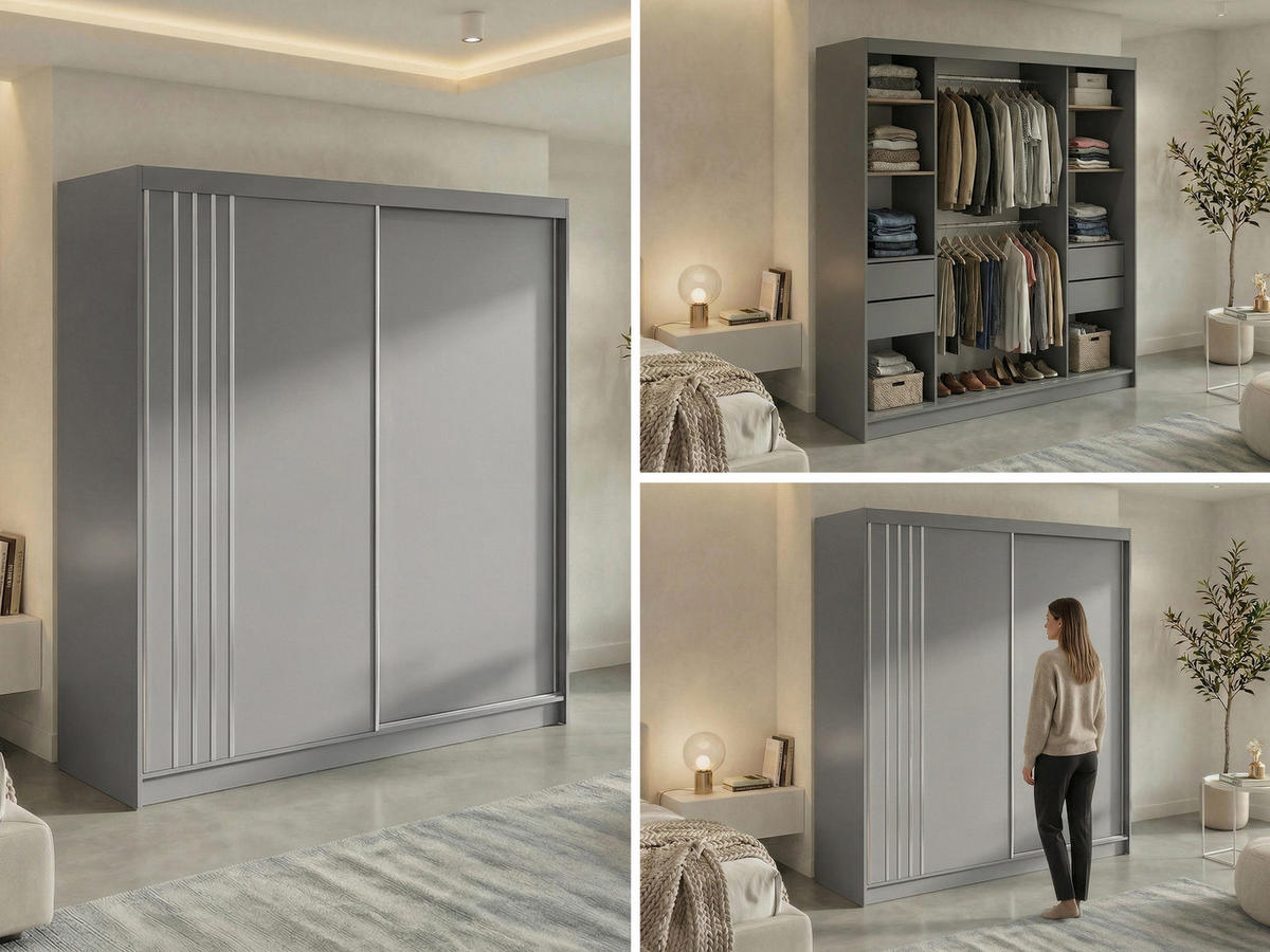 SCHWEBETÜRENSCHRANK mit Lamellen und Schubladen NAURU - 200 - Grau und Weiß - Alufarben/Weiß, Holzwerkstoff/Metall (200/216/61cm) - MKS