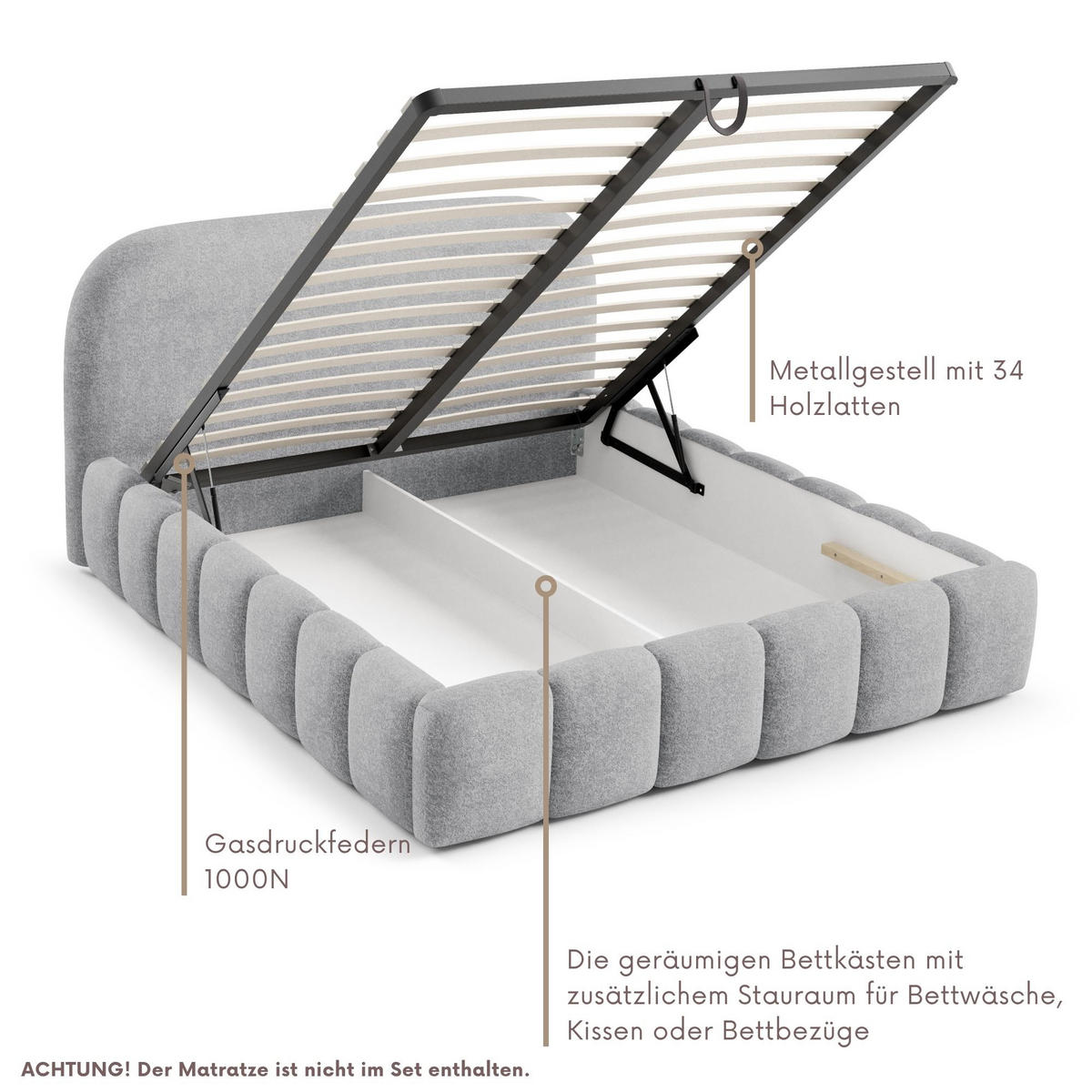 POLSTERBETT BELLURE mit Bettkasten 180x200,Doppelbett mit Stauraum,Lattenrost,Boxspringbett-Optik,ohne Matratze-Grau - Grau, Holz (180/200cm) - Furnistar