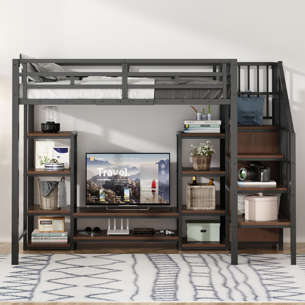 HOCHBETT aus Metall und MDF 90x200 cm Schwarz mit TV-Ständer, Steckdose und Aufbewahrungsleiter - Schwarz, Metall (90/190cm) - Modfu
