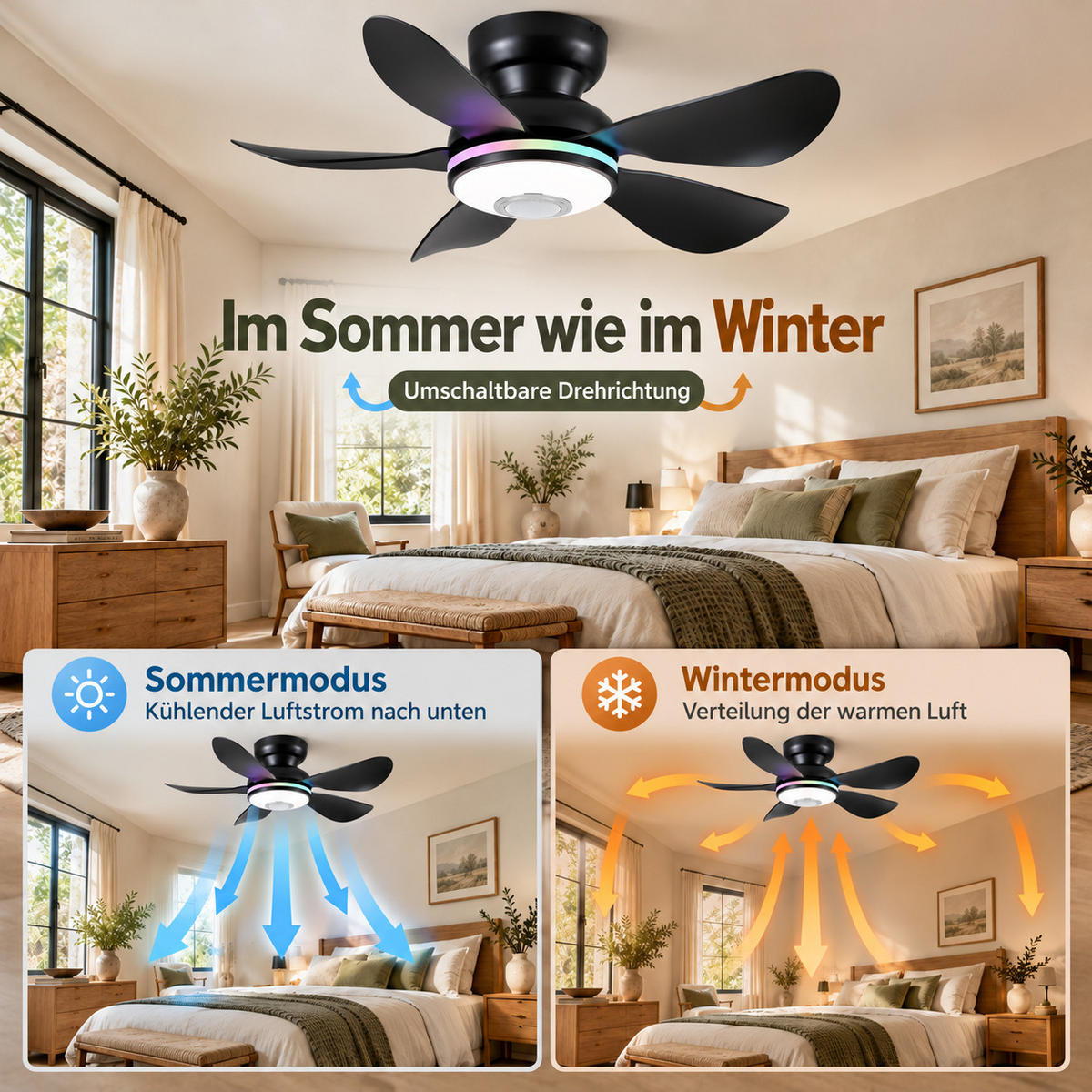 DECKENVENTILATOR Schwarz 81 cm mit LED und leisem DC-Motor - Schwarz, Kunststoff (81/81/24cm) - Surtime