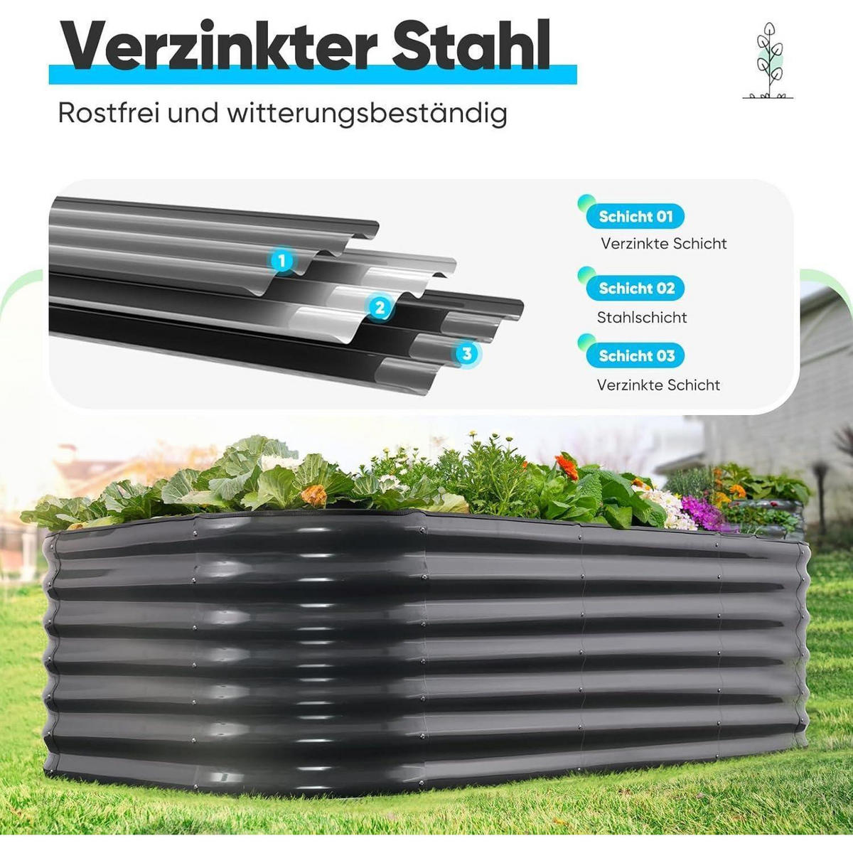 HOCHBEET Metall Grau 201 x 107 x 62 cm - Schwarz, Metall (107/62/201cm)