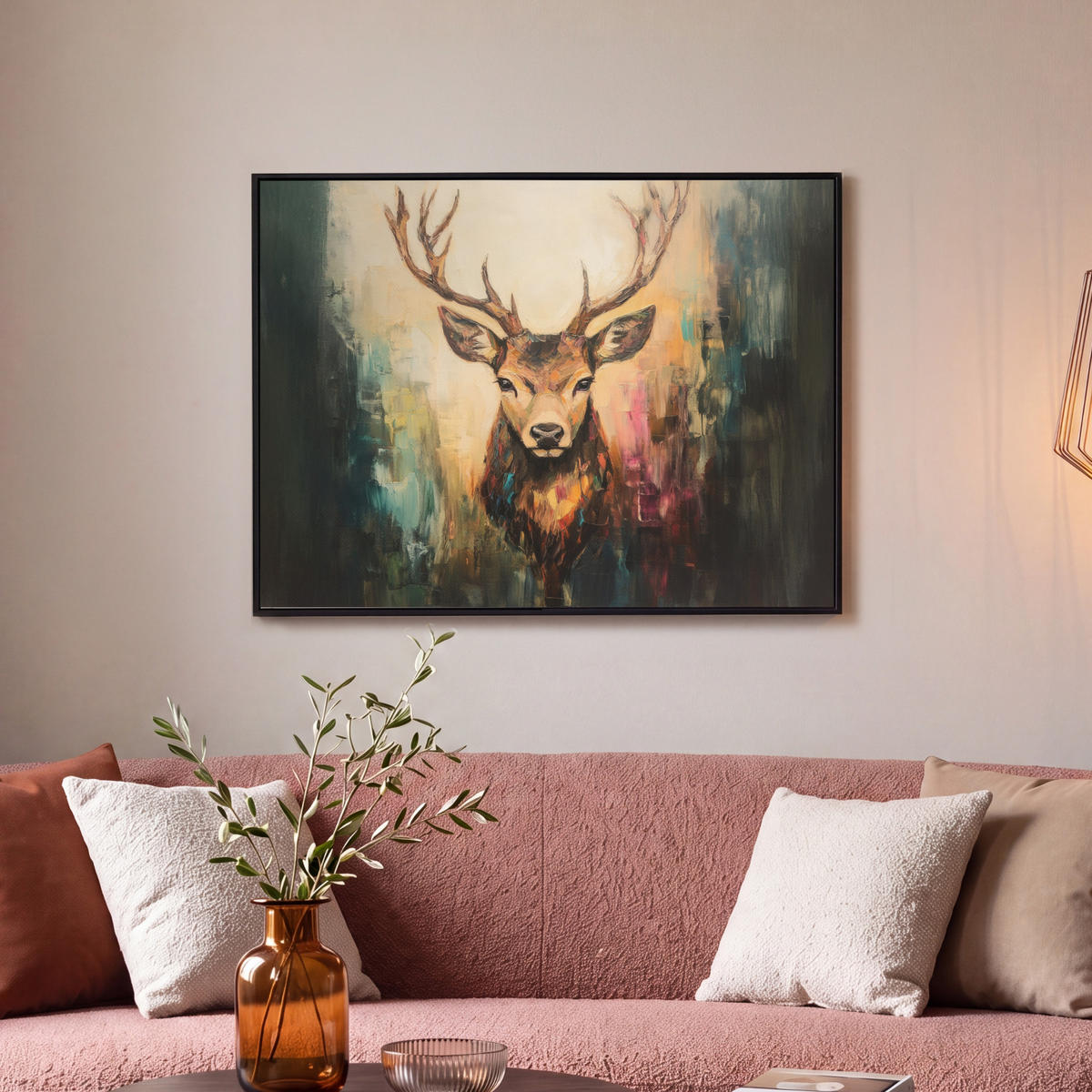 LEINWAND Bilder mit Rahmen - Hirsch - Gemalt - Geweih - Braun - 70x50 - Haselnussfarben, Textil (70/50cm) - MuchoWow