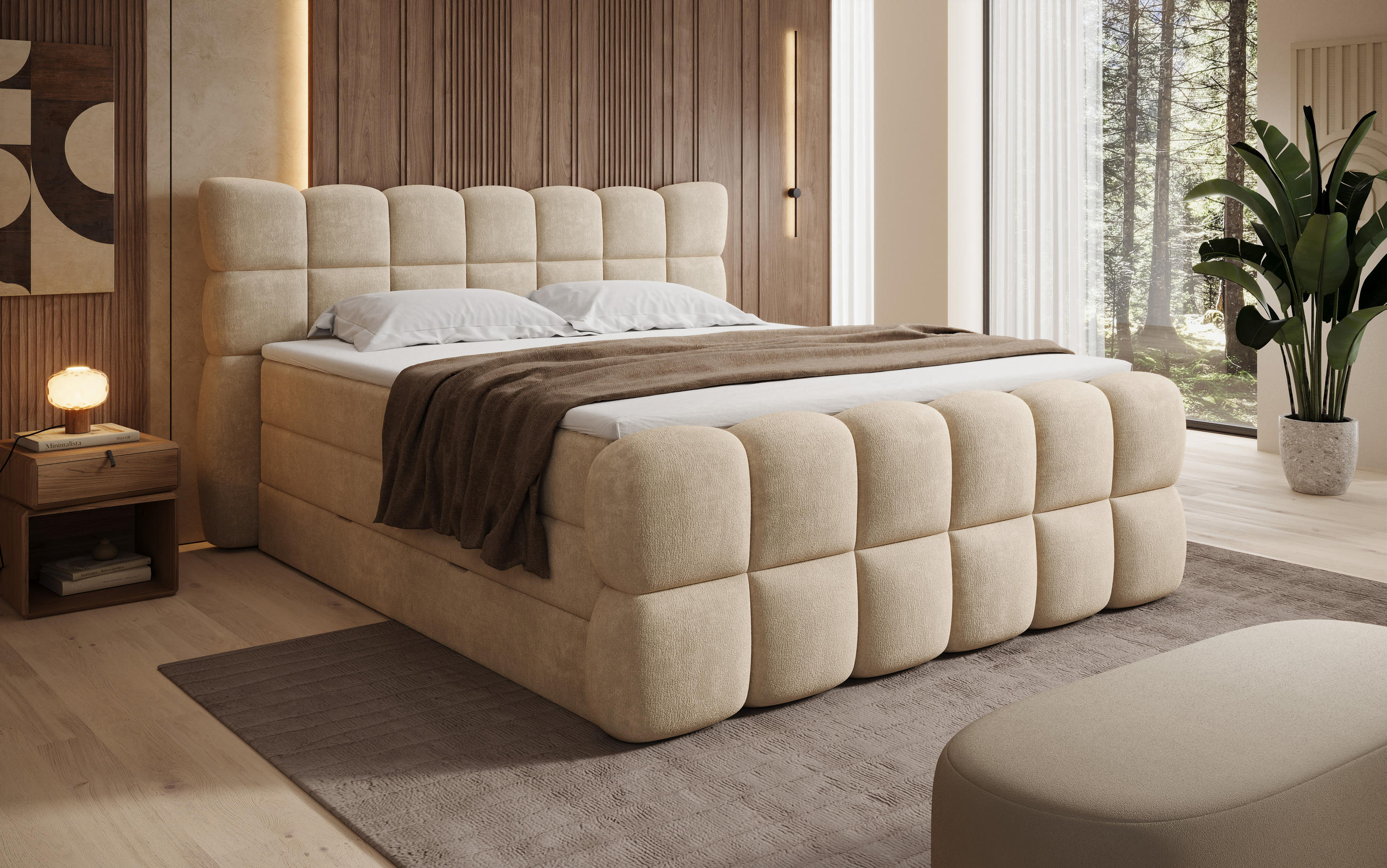 BOXSPRINGBETT Milano Beige 200/200 cm Struktur Stoff mit Bettkasten, mit Matratze, mit Premium-Topper H2/H3 - Beige, Textil (200/200cm) - wonello