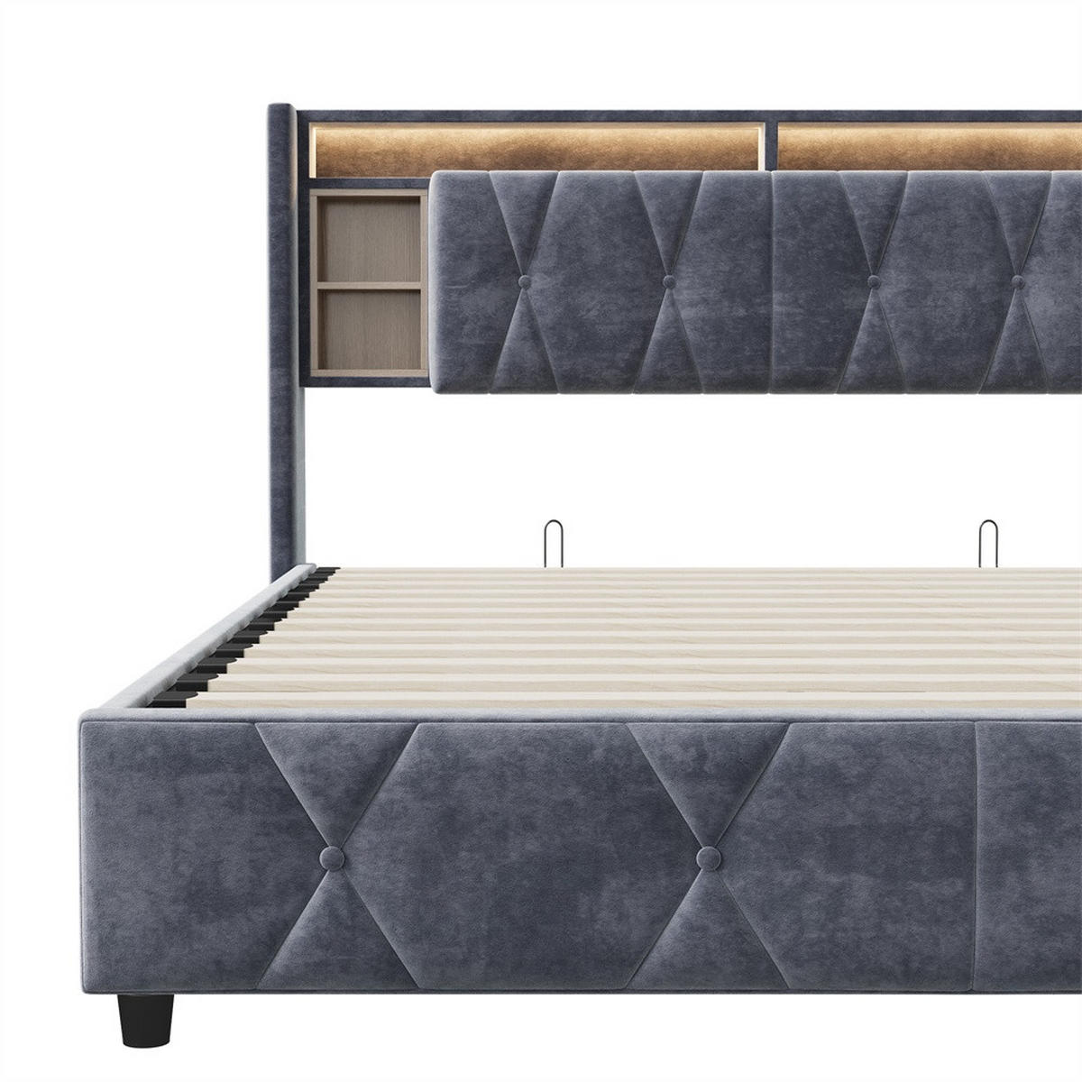 POLSTERBETT 160x200 cm mit LED-Beleuchtung - aufklappbarem Kopfteil & hydraulischem Bettkasten - Integrierte Ladestation - Grau, Textil (160/200cm) - DELFA