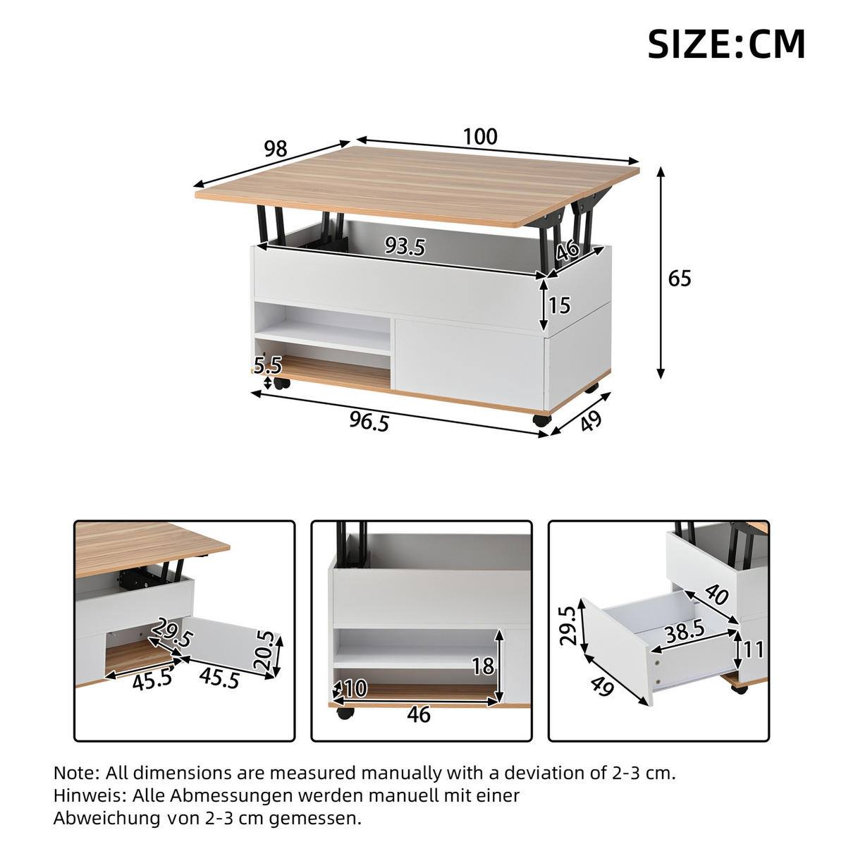 COUCHTISCH 100/98/65 cm höhenverstellbar mit hydraulischen Tischplatten, Stauraum und Rollen, Spanplatte, Weiß/Naturholz - Weiß, Holzwerkstoff (100/98/65cm) - Redom