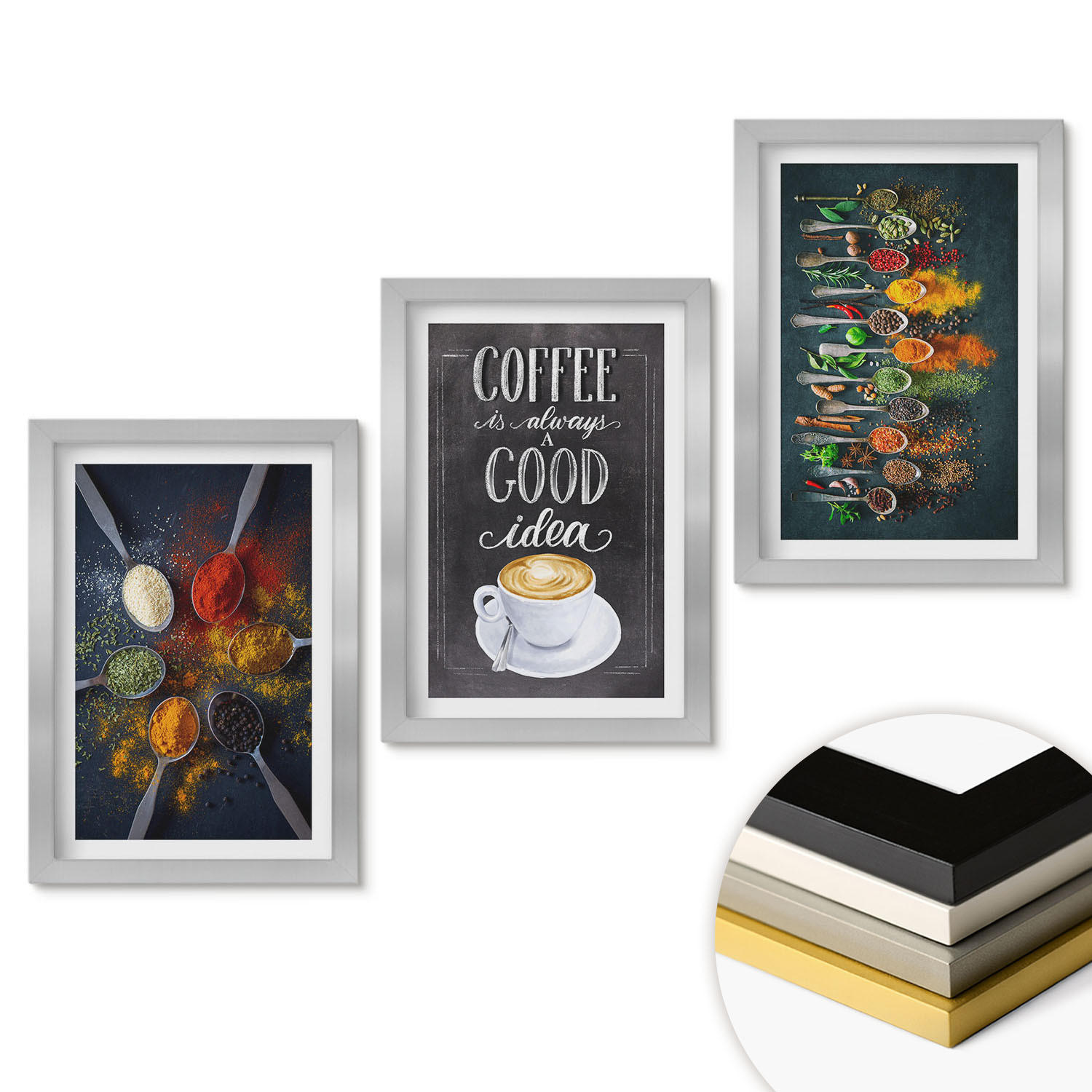 WANDBILDER 3er Set - 20x30 cm Silberner Rahmen - Gewürze, Kaffee, Kräuter, Muster - Silberfarben, Kunststoff (20/30cm) - ArtPrintCave