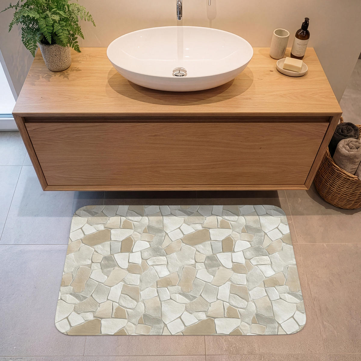 KÚPEĽŇOVÁ PREDLOŽKA Mozaika - Kamienky - béžová 90x60 cm - krémová/béžová, textil/plast (90/60cm) - OnlyWow