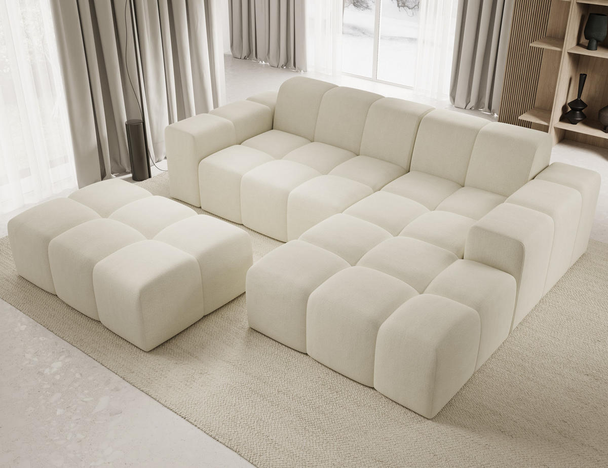 ECKSOFA Fogo mit Hocker, Couch L-Form, Sofa Rechts, Veloursstoff, 245x68x180 cm, Beige - Beige, Holz/Textil (245/180cm) - PROMETO Möbel