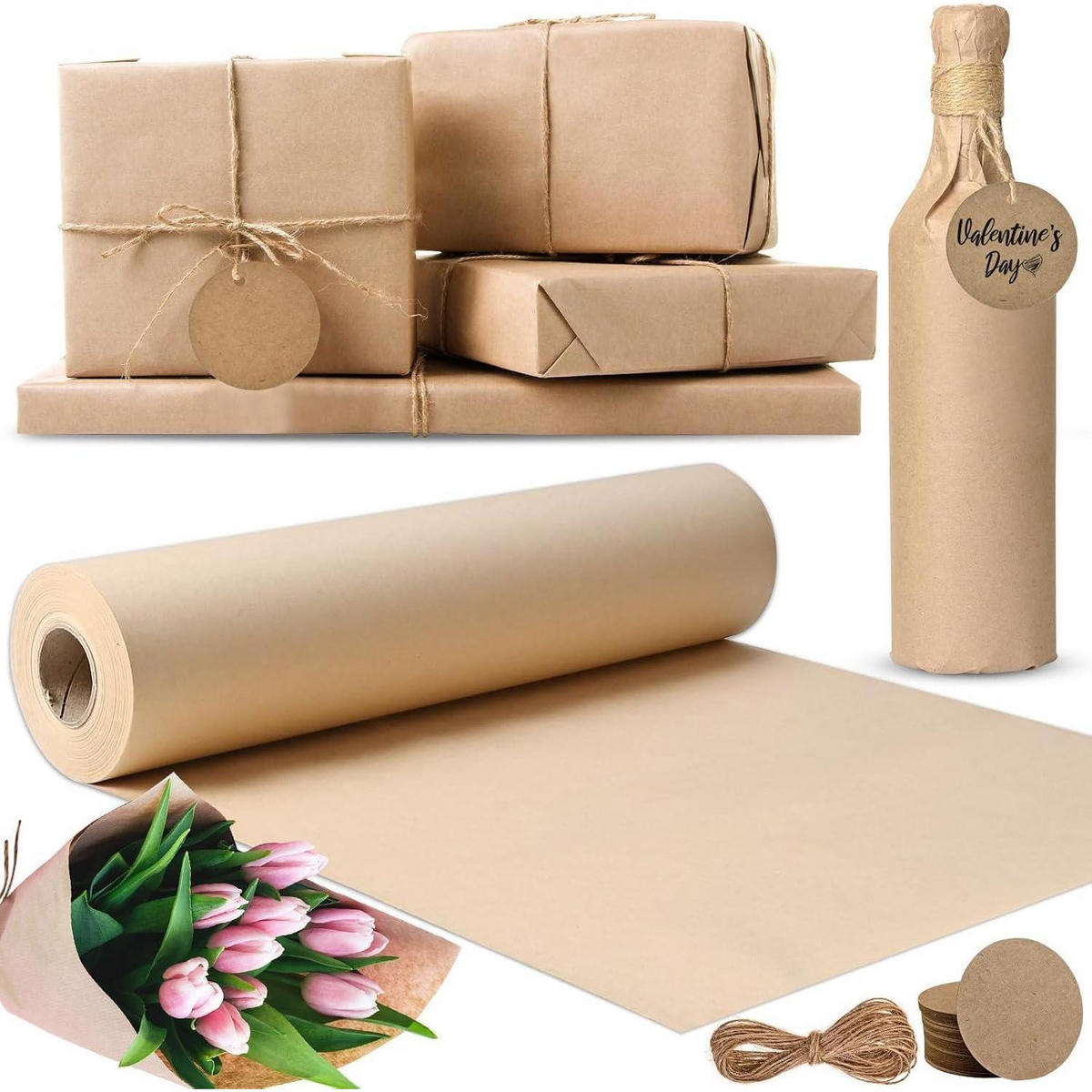 PACKPAPIER Set 30 cm x 30 m mit 30 Etiketten und 10 m Juteschnur - Braun, Papier (30/1/3000cm)