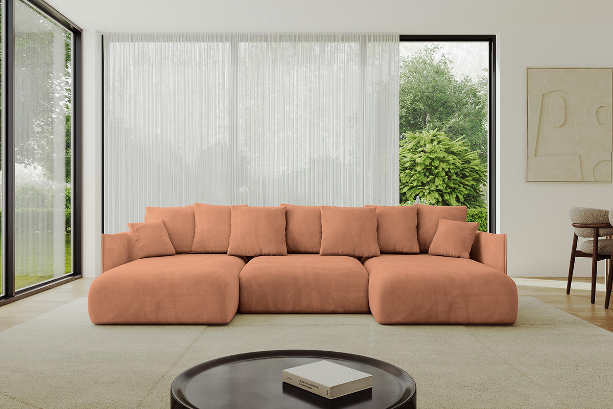 WOHNLANDSCHAFT mit Schlaffunktion und Bettkasten ONESK-U 317x177x72 Koralle Velours - Koralle, Holzwerkstoff/Kunststoff (317/72/177cm) - ALTDECOR