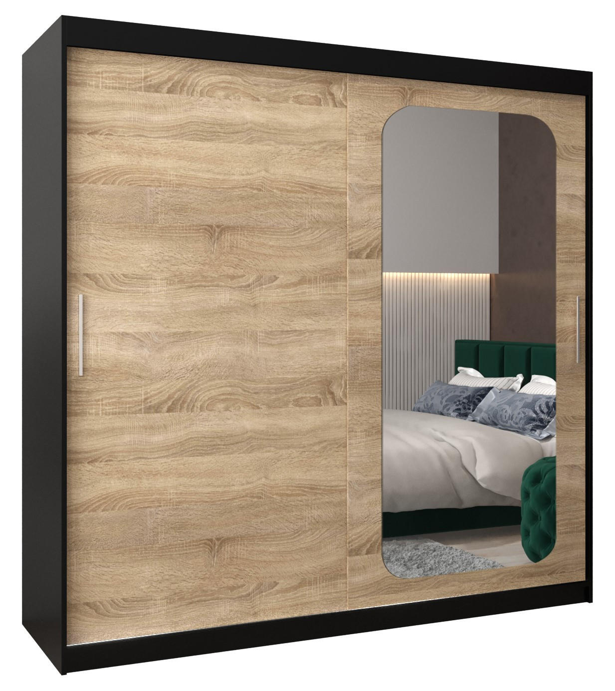 Abiks Möbel Schwebetürenschrank Schwarz, Sonoma Eiche 200x200x62 cm