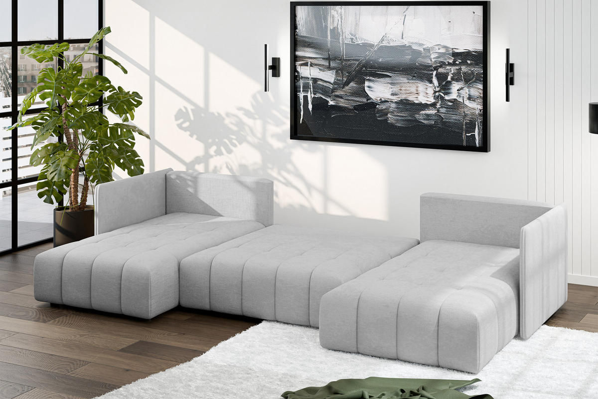 WOHNLANDSCHAFT Veliro U Hellgrau 353/180/83 cm mit Schlaffunktion und Bettkasten - Hellgrau/Schwarz, Kunststoff/Textil (353/83/180cm) - AX Living