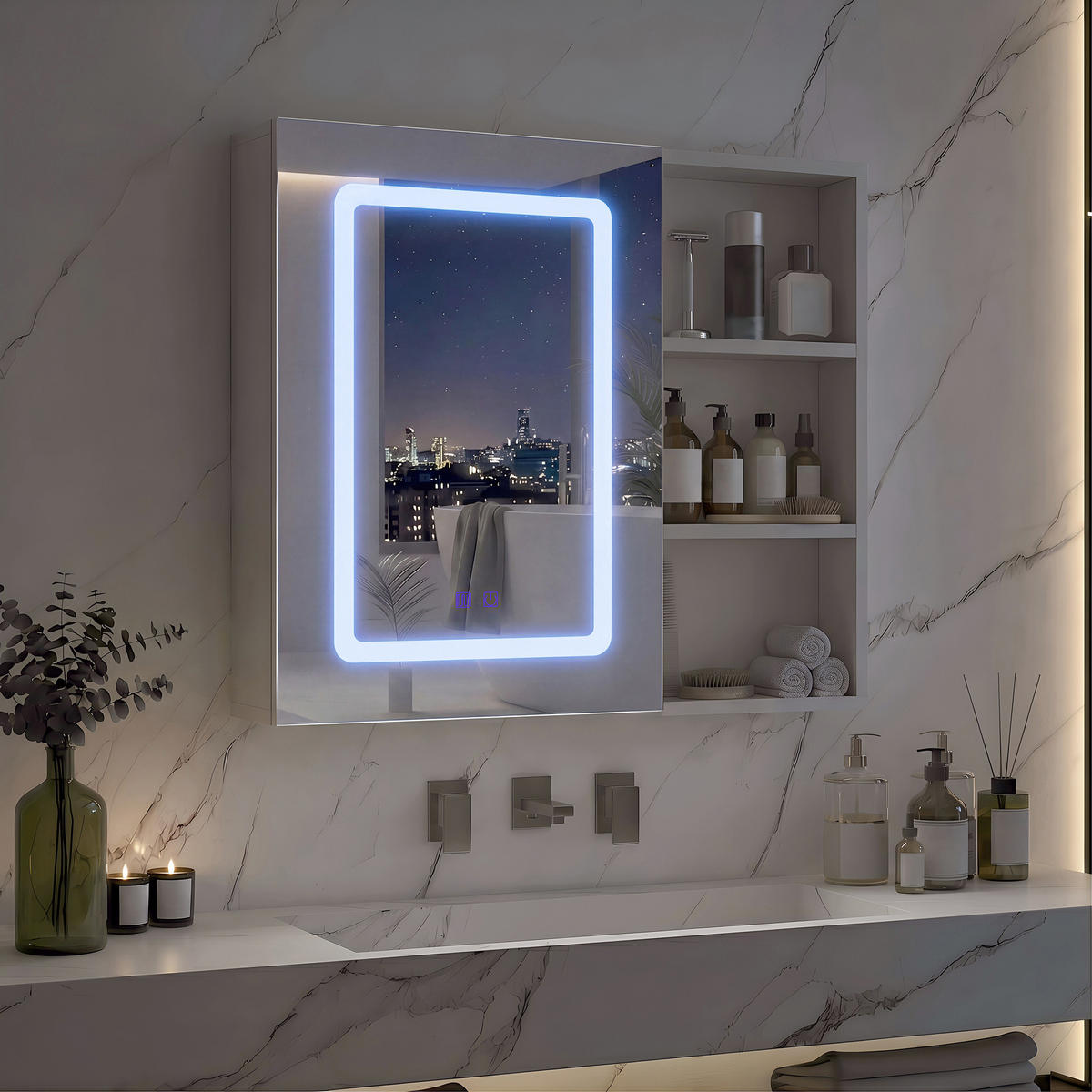 SPIEGELSCHRANK 60/60/15 cm, einzeltürig mit offener Seitenablage, 3-farbigem LED, höhenverstellbare Ablagen, Weiß - Weiß, Glas (60.2/60.2/15.2cm) - BRILVERDE