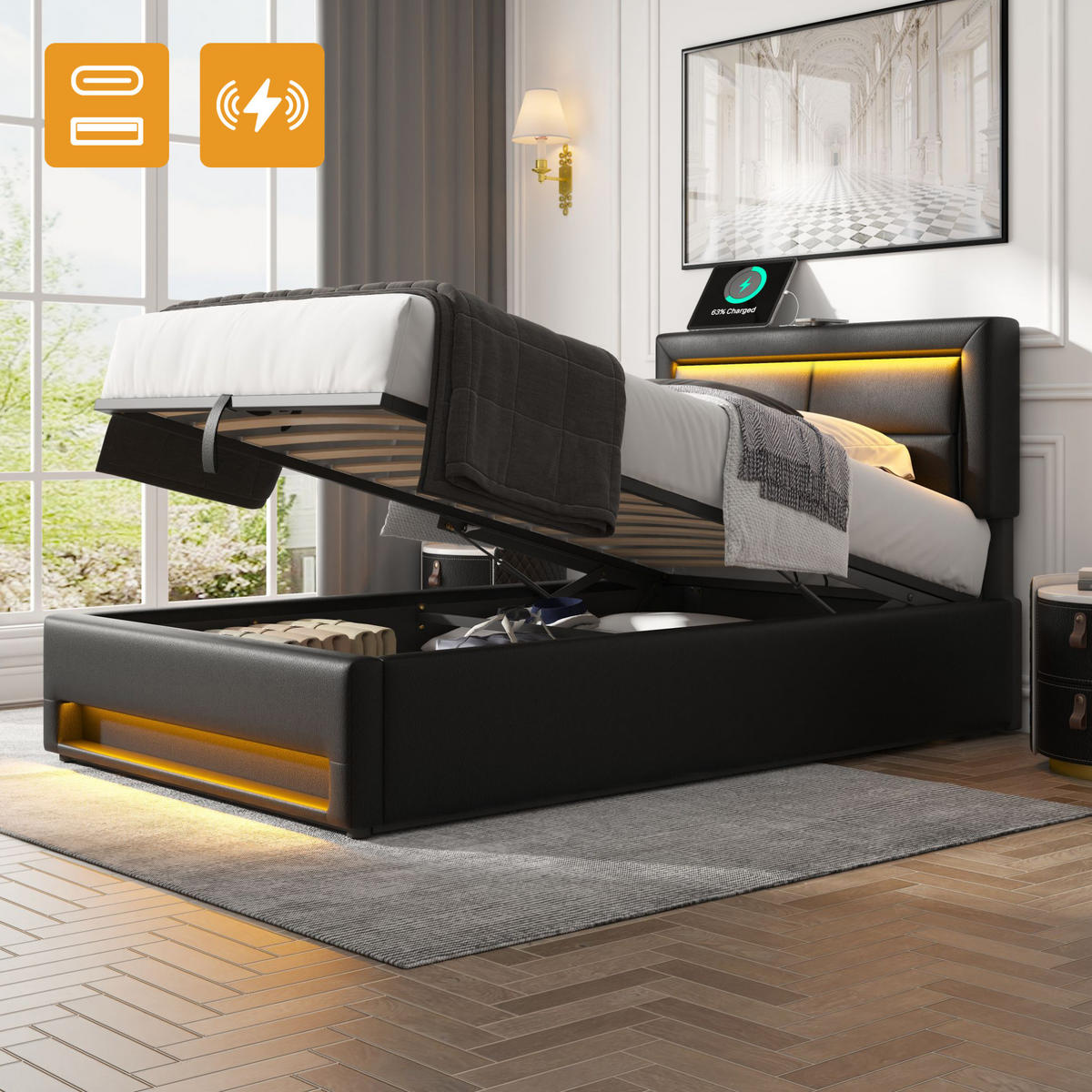 POLSTERBETT mit USB, LED und Stauraum 90x200 cm PU Schwarz - Schwarz, Metall (90/200cm) - Meubliv