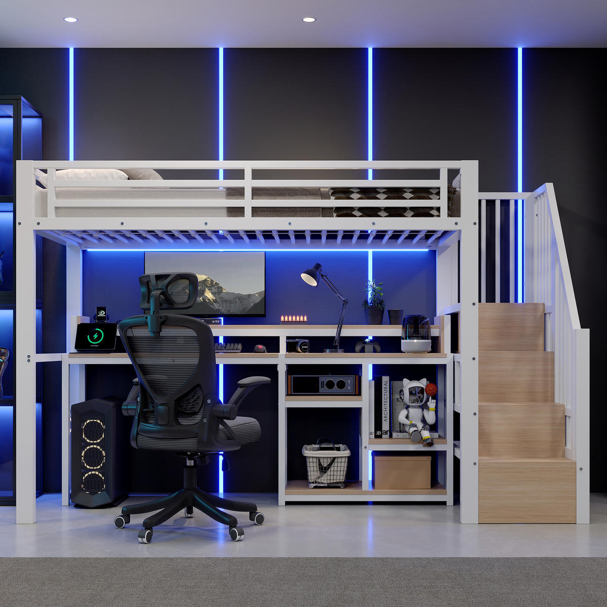 HOCHBETT Metall & MDF 90x200 cm Weiß mit Leiterschrank, Ablagefach, LED sowie USB + Typ-C - Weiß, Holzwerkstoff (90/200cm) - Modfu
