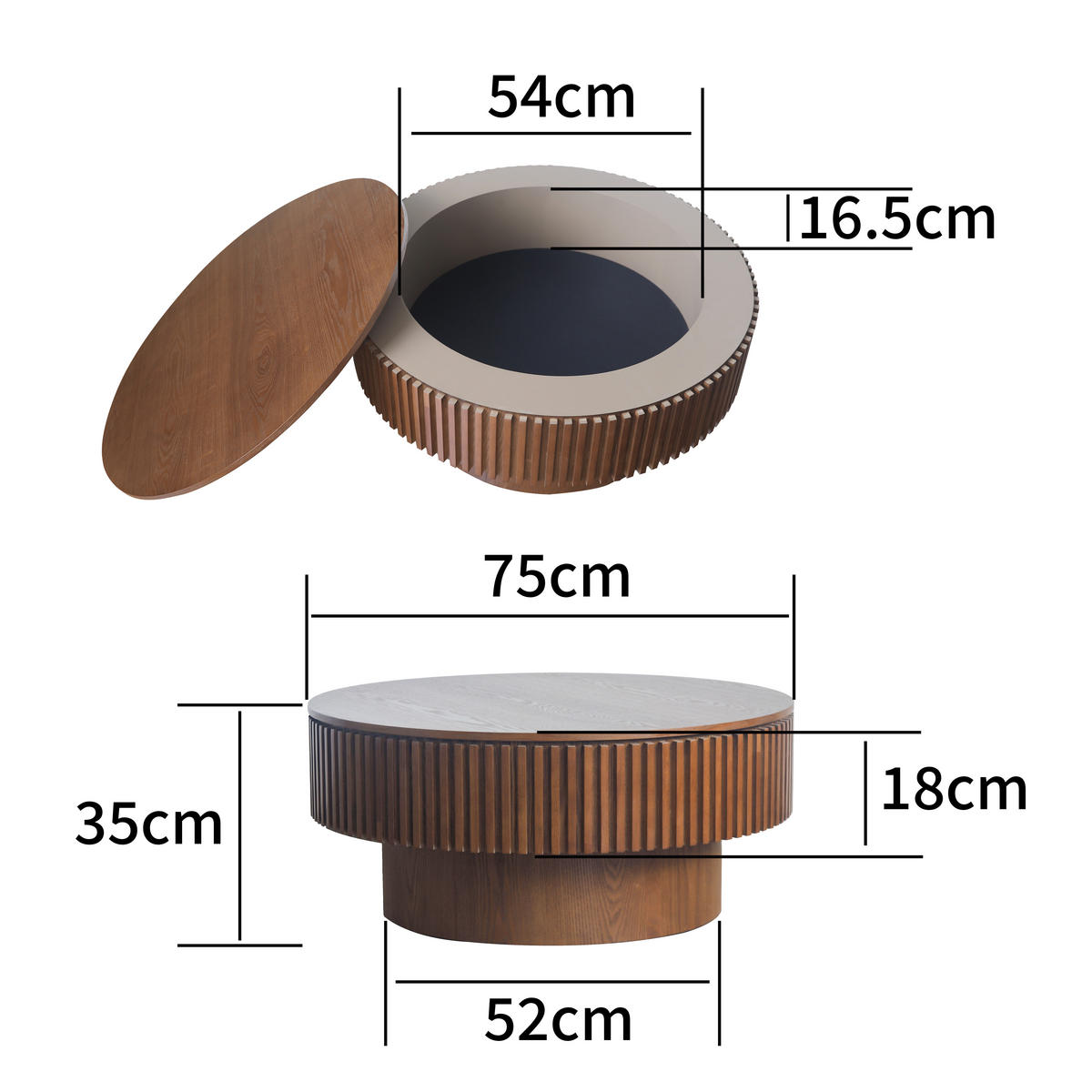 COUCHTISCH DE-37318 rund mit verstecktem Stauraum und Rillendesign Walnuss - Walnussfarben, Holzwerkstoff (75/75/35cm) - ComfortXL