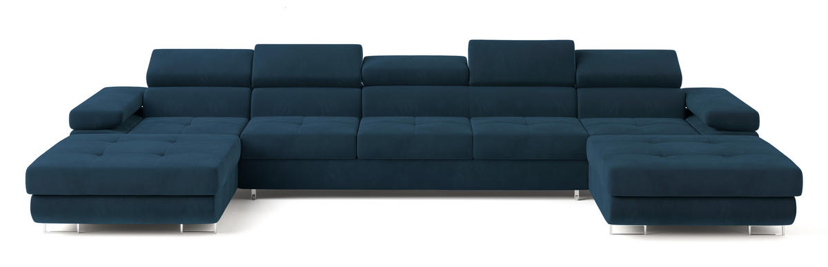 WOHNLANDSCHAFT OMBRA Blau Velours-Stoff mit Schlaffunktion - Blau, Holz (425/90/202cm) - MASSENO