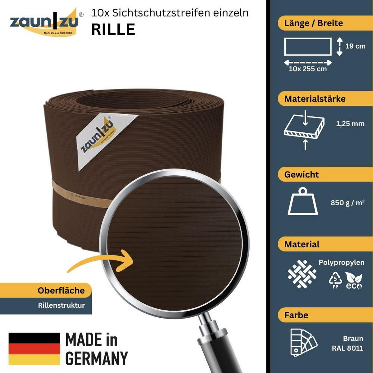 SICHTSCHUTZSTREIFEN Rille 10x Einzelstreifen 2,55m Sichtschutz Braun, 10 x 2,55m - Braun, Kunststoff (2550/19cm) - ZAUN|ZU