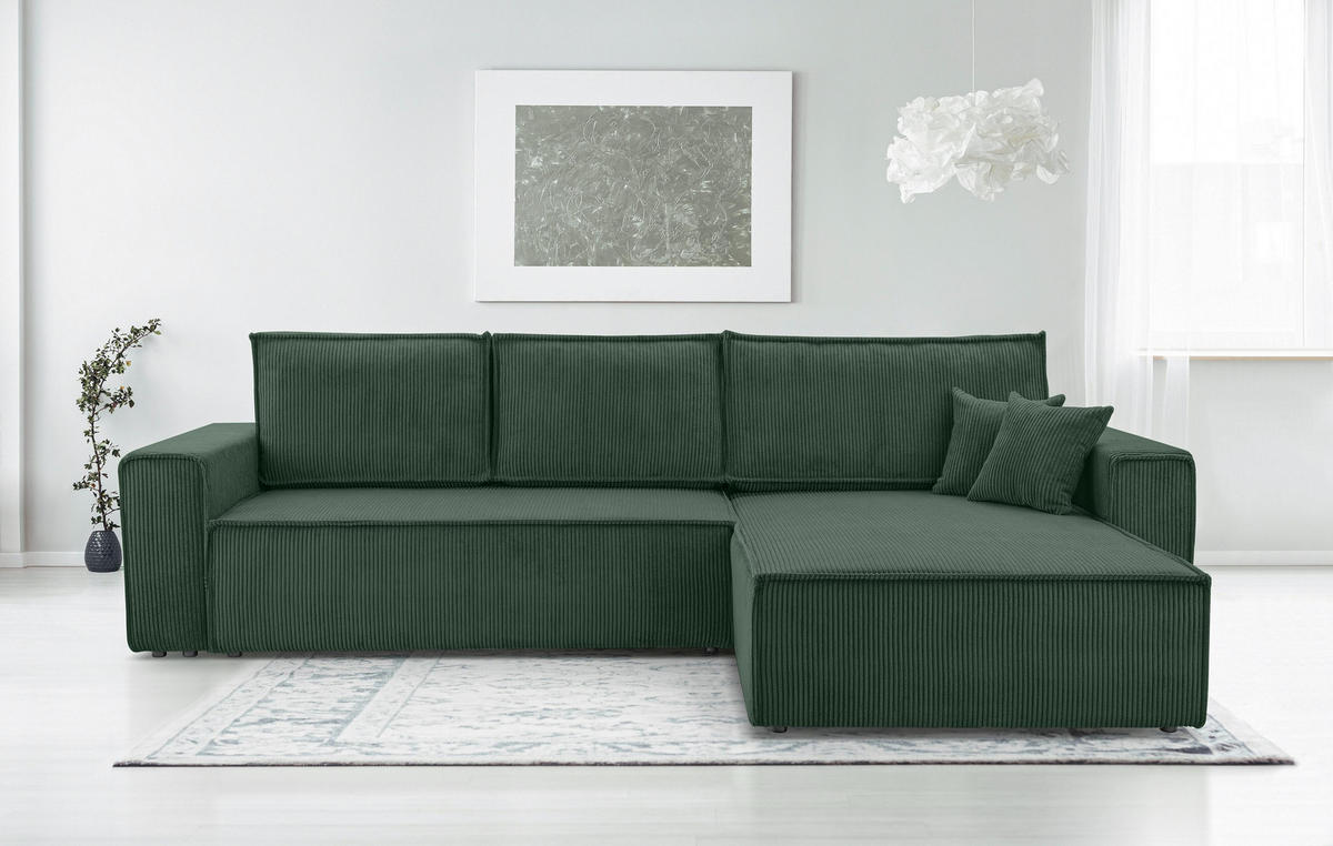 ECKSOFA L Form Cedria Dunkelgrün 287/145/85 cm mit Schlaffunktion - Dunkelgrün/Schwarz, Kunststoff/Textil (287/145cm) - AX Living