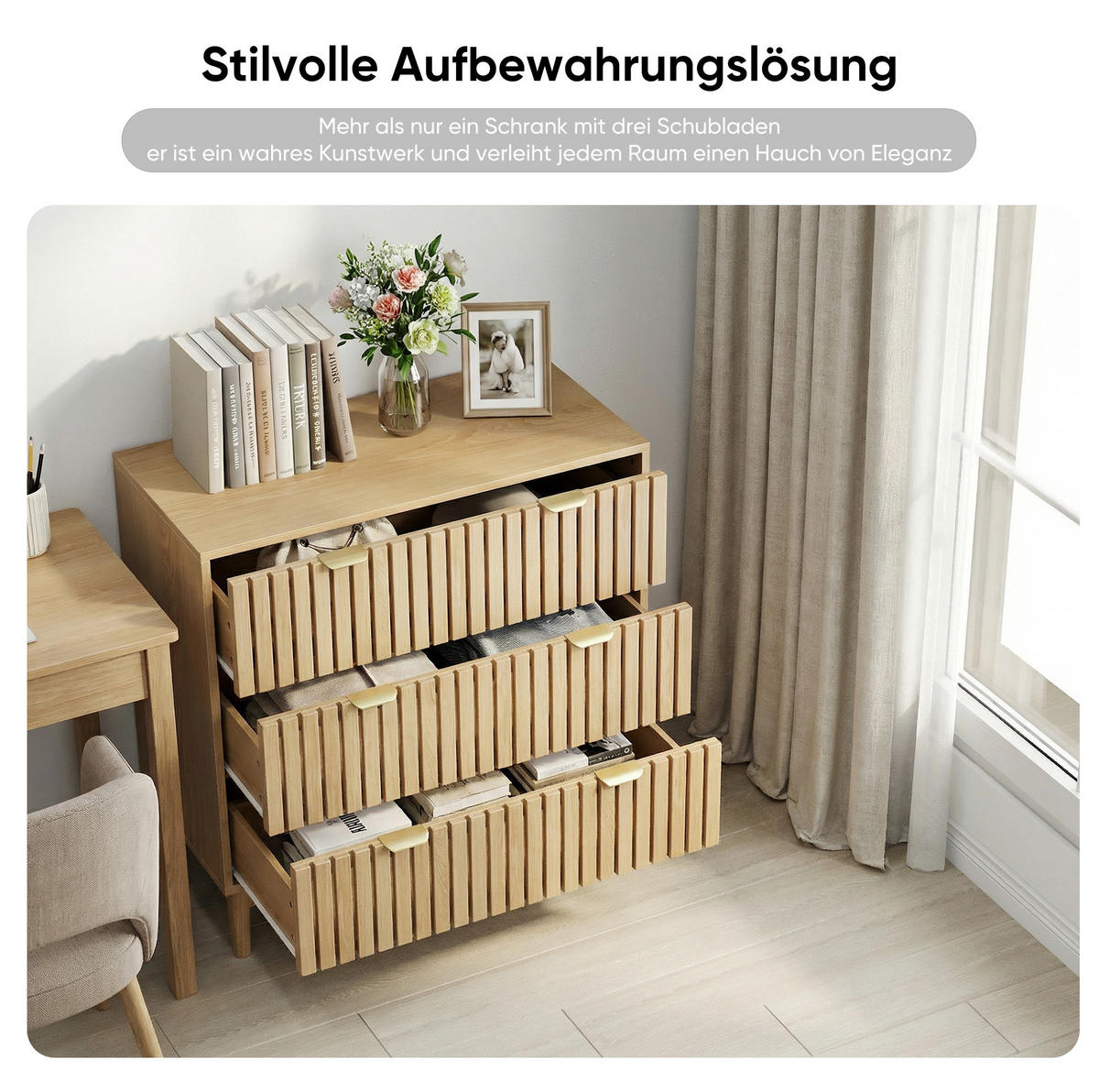 KOMMODE aus MDF und Spanplatte 80x39x80 cm Eichefarben mit 3 Schubladen und Lamellenfront - Nussbaumfarben, Holzwerkstoff (80/80/39cm) - Modfu