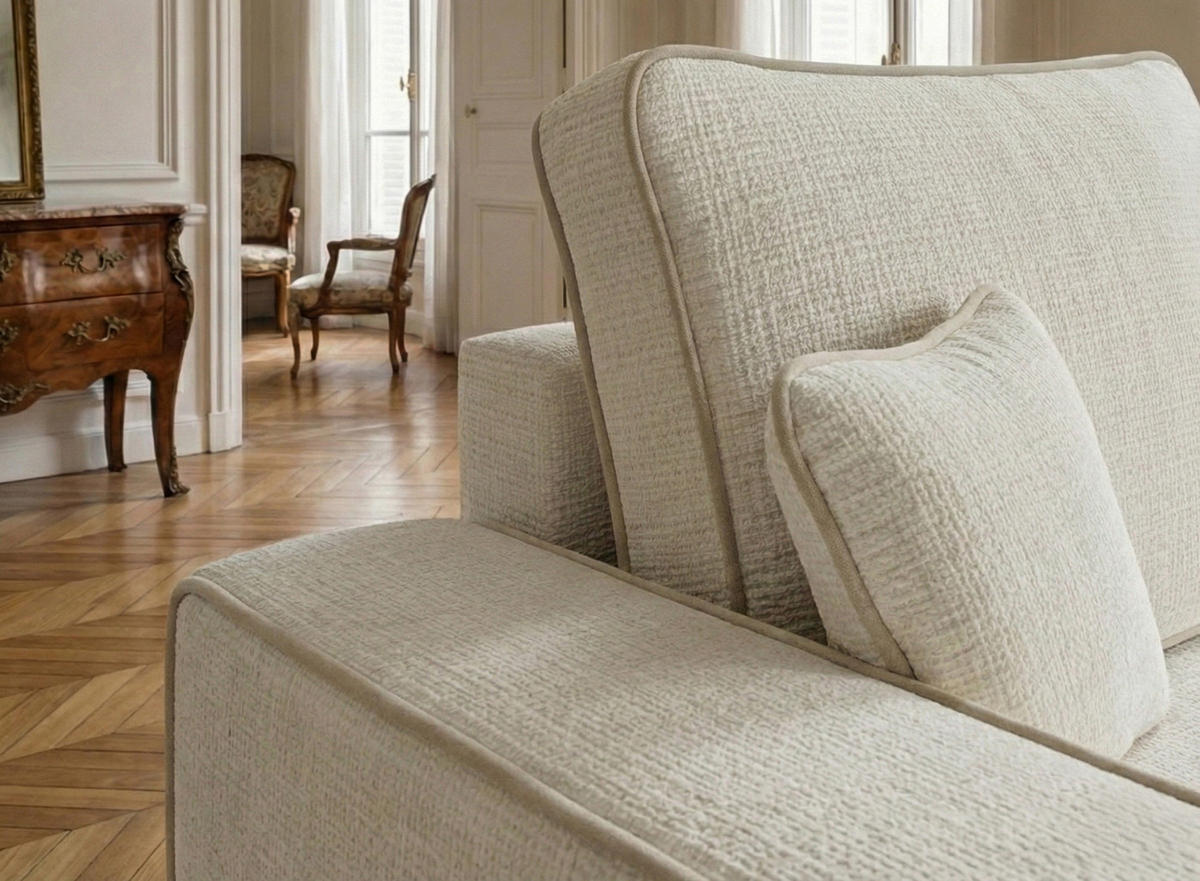 ECKSOFA MIT SCHLAFFUNKTION Modo Hellblau Chenille-Stoff - Rechts Seite - Beige/Creme, Holz/Holzwerkstoff (294/185cm) - Maison de Reve