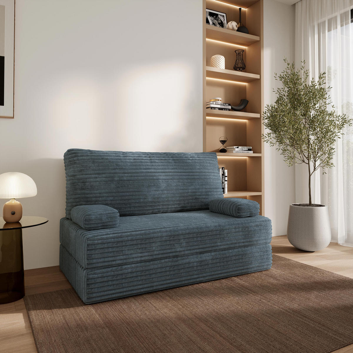 BETTSOFA LADIA aus Schaumstoff Cordstoff Grau Schlaffunktion - Blaugrau, Textil (140/86/60cm) - MASSENO