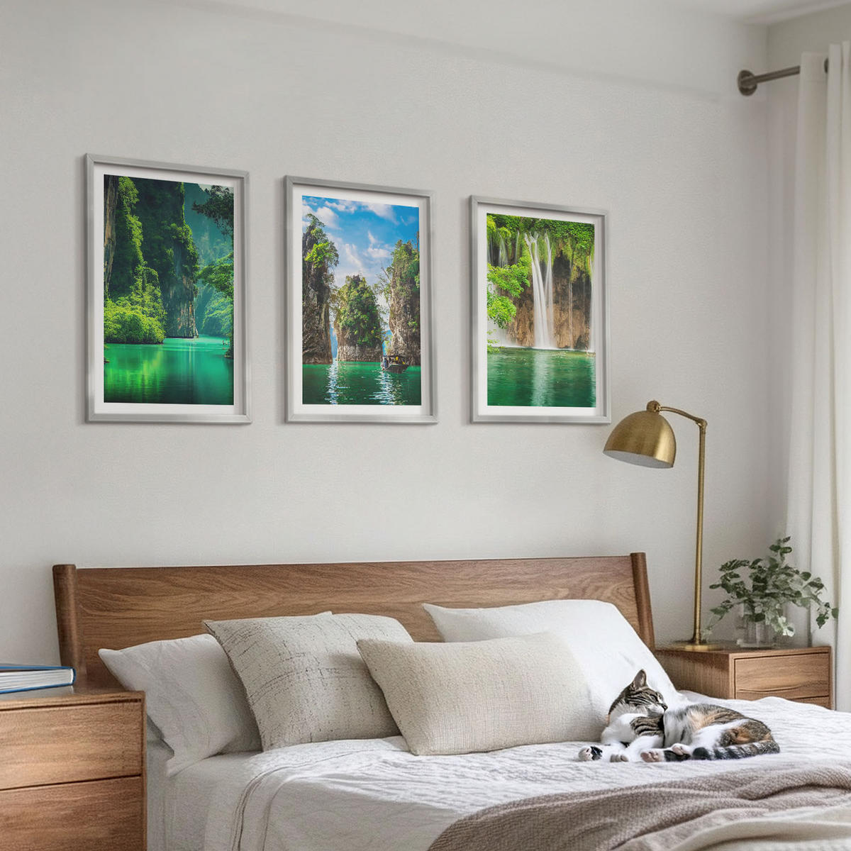 WANDBILDER 3er Set - 40x60 cm Silberner Rahmen - Grüne Landschaften, Wasserfälle - Silberfarben, Kunststoff (40/60cm) - ArtPrintCave