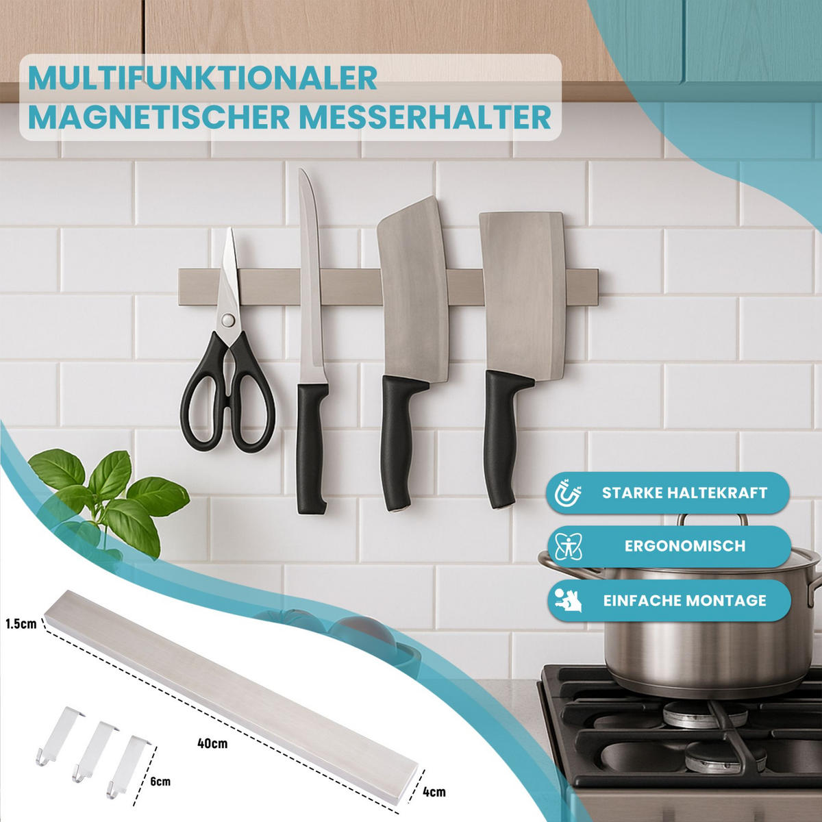 MESSERLEISTE 40cm inkl. 3 Haken Silber - Silberfarben, Metall (40/4/1.6cm) - CHEFGASTRO