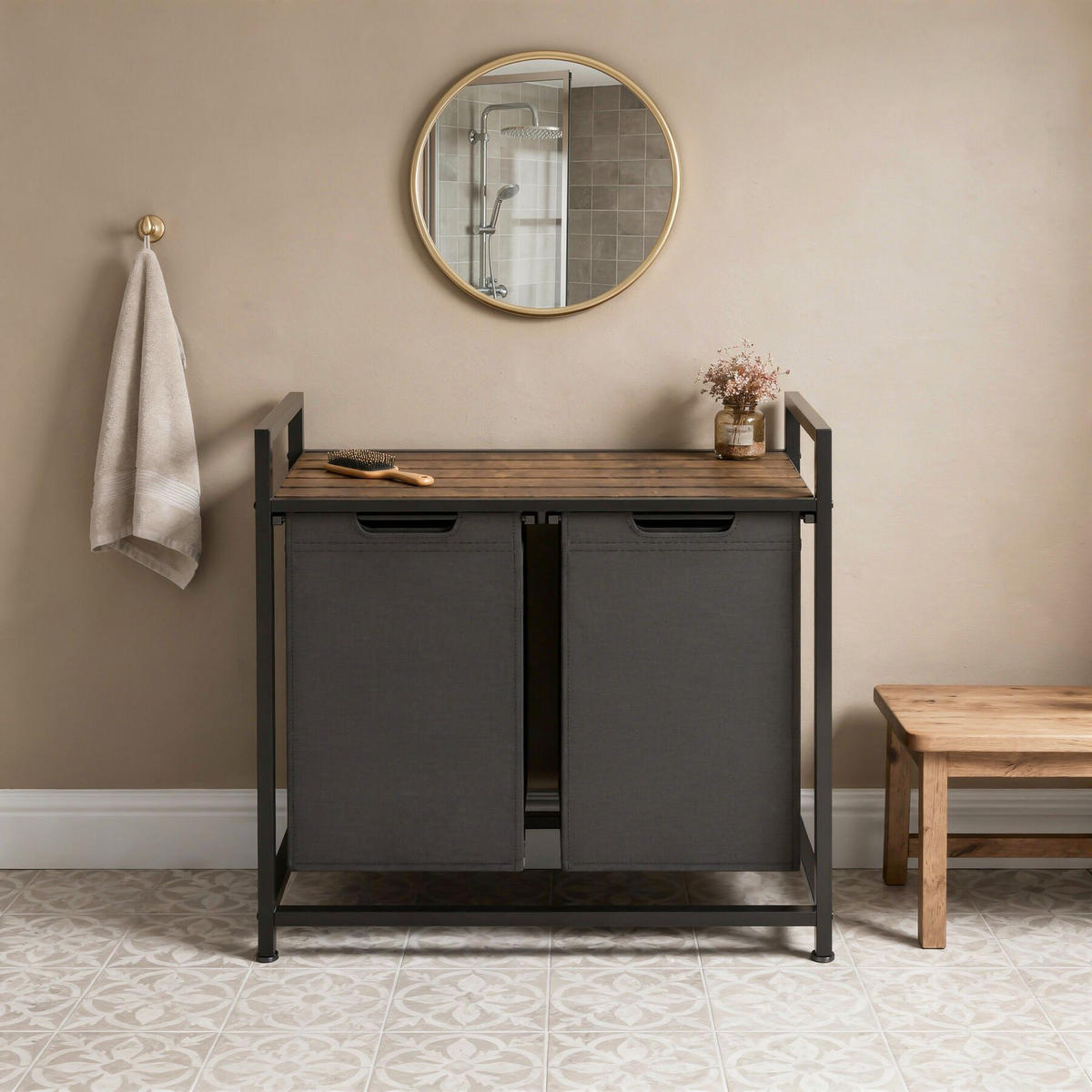 WÄSCHESORTIERER, höhenverstellbare Kunststofffüße, schwarz/braun - Schwarz/Braun, Metall (74/72/34cm) - tectake