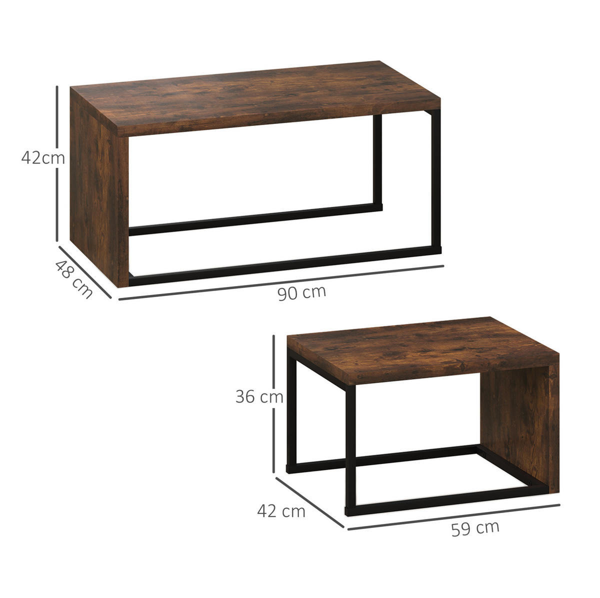 KLUBSKA miza, komplet 2 kosov, 90/48/42 cm in 59/42/36 cm, les rustikalno rjava in črna - rjava, les (90/48/42cm) - BEAOK