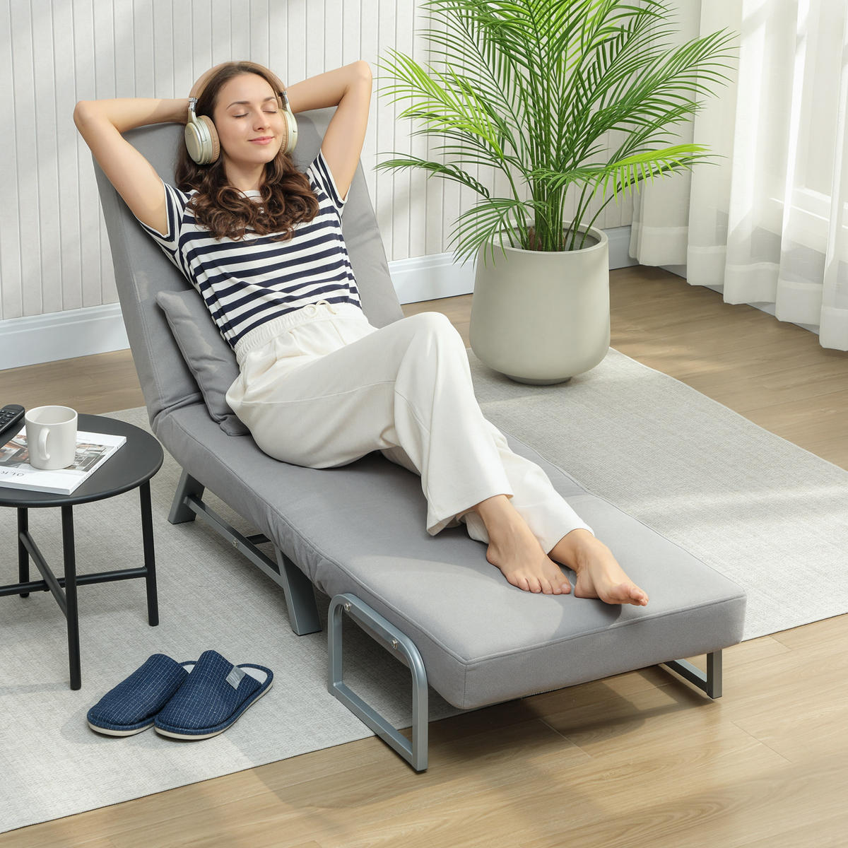 SCHLAFSESSEL 3-in-1 Sessel Bett-Funktion und Zierkissen, Hellgrau - Hellgrau/Grau, Textil/Metall (73/81/78cm) - HOMCOM