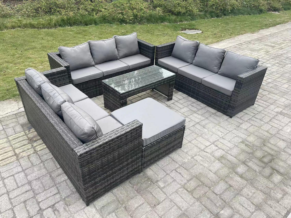 GARTEN SOFA SET Polyrattan 10-Sitzer - Dunkelgrau/Grau, Glas/Kunststoff - Fimous