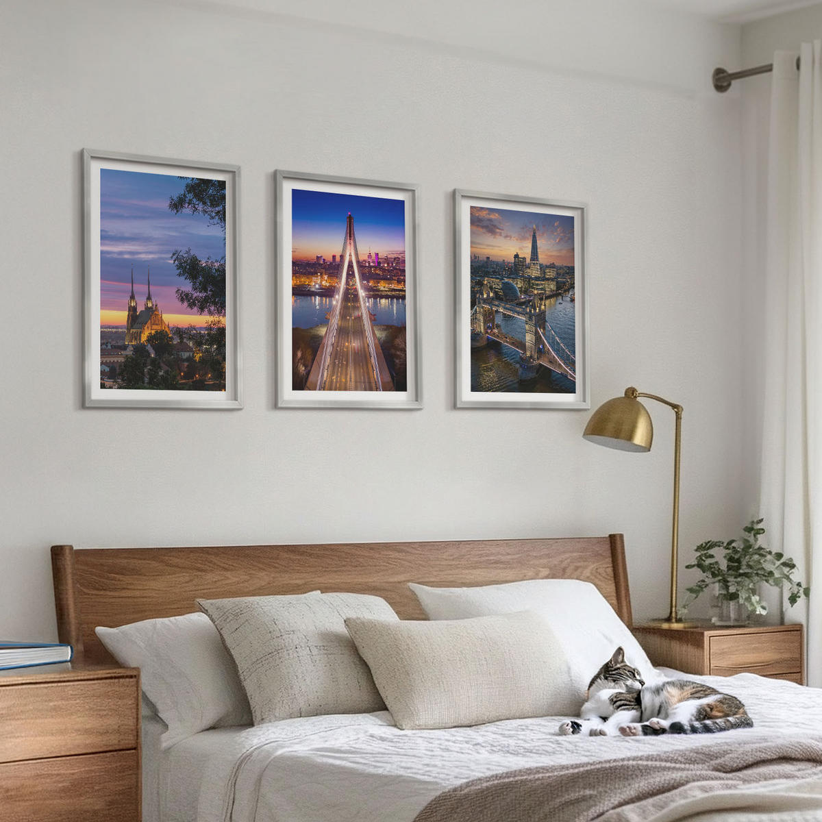 BILDER SET 3er Set - 40x60 cm Silberner Rahmen - Ausblicke auf Brücken und Sonnenuntergänge - Silberfarben, Kunststoff (40/60cm) - TULUP