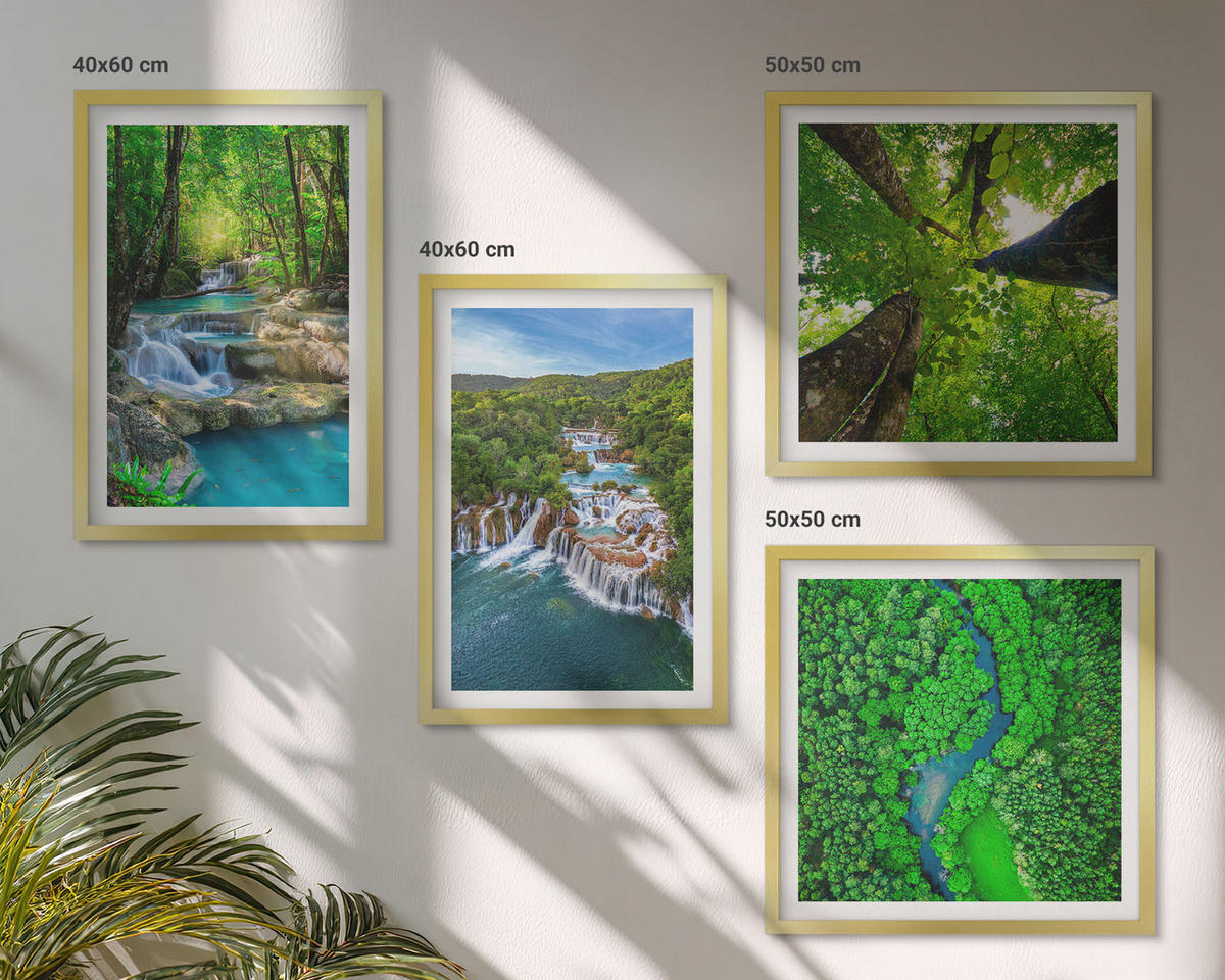 BILDER SET 4er Set - 50x50 cm & 40x60 cm Goldrahmen - Wasserfälle grüner Wald Wasser - Goldfarben, Kunststoff (50/50cm) - TULUP