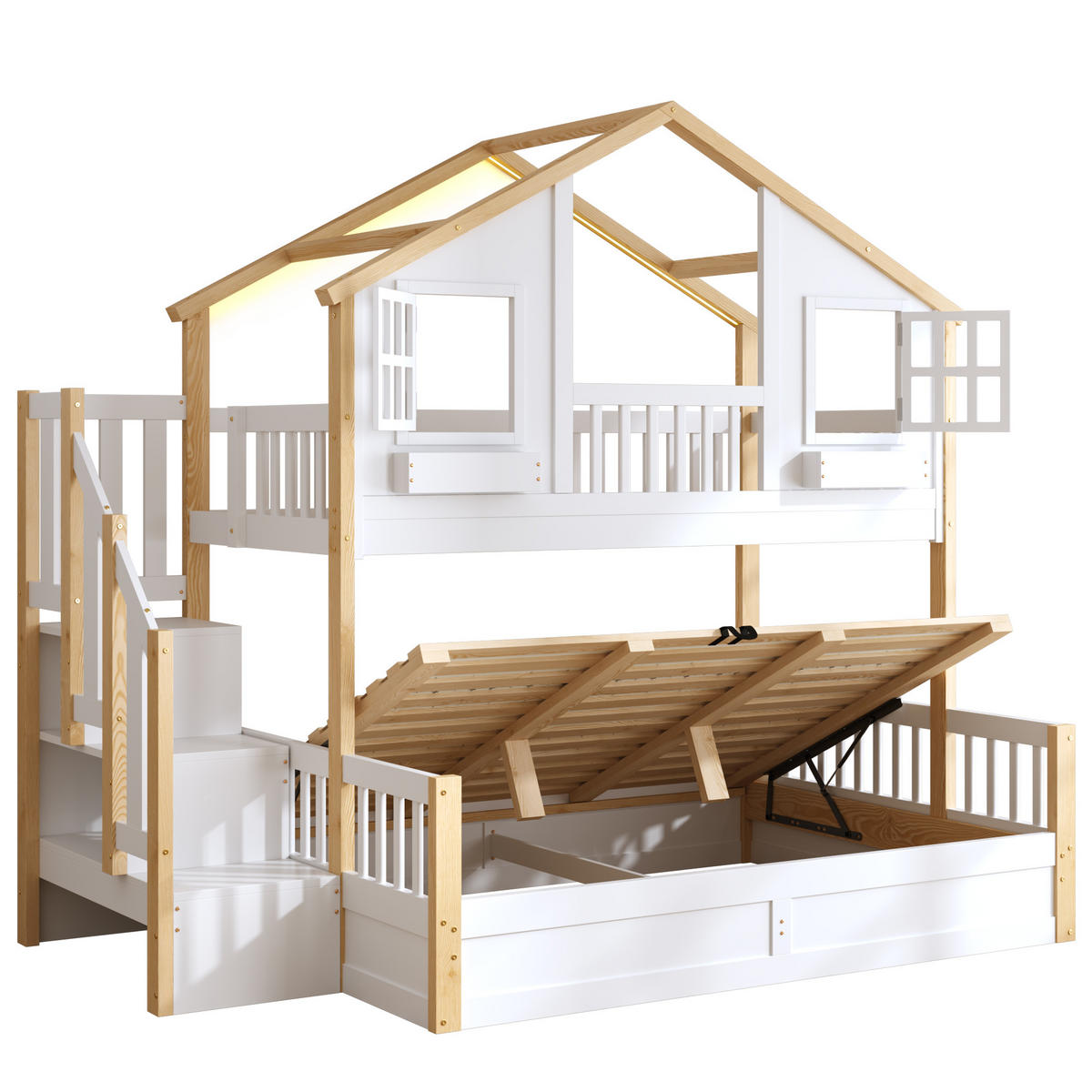 ETAGENBETT 90/200 cm und 140/200 cm Weiß + Naturholz mit LED-Beleuchtung, Treppe mit Stauraum und hydraulischen Staufächern - Weiß, Holz (90/200cm) - Oxeza