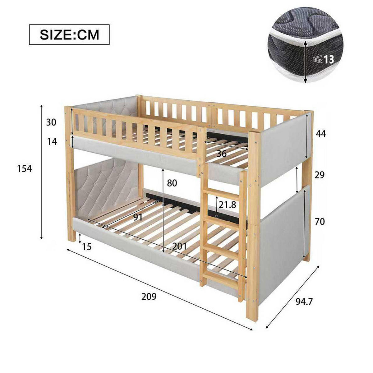 ETAGENBETT 90x200cm, vierstufige gerade Treppe, Grau+Natur - Grau, Holz (94/212cm) - KOMHTOM